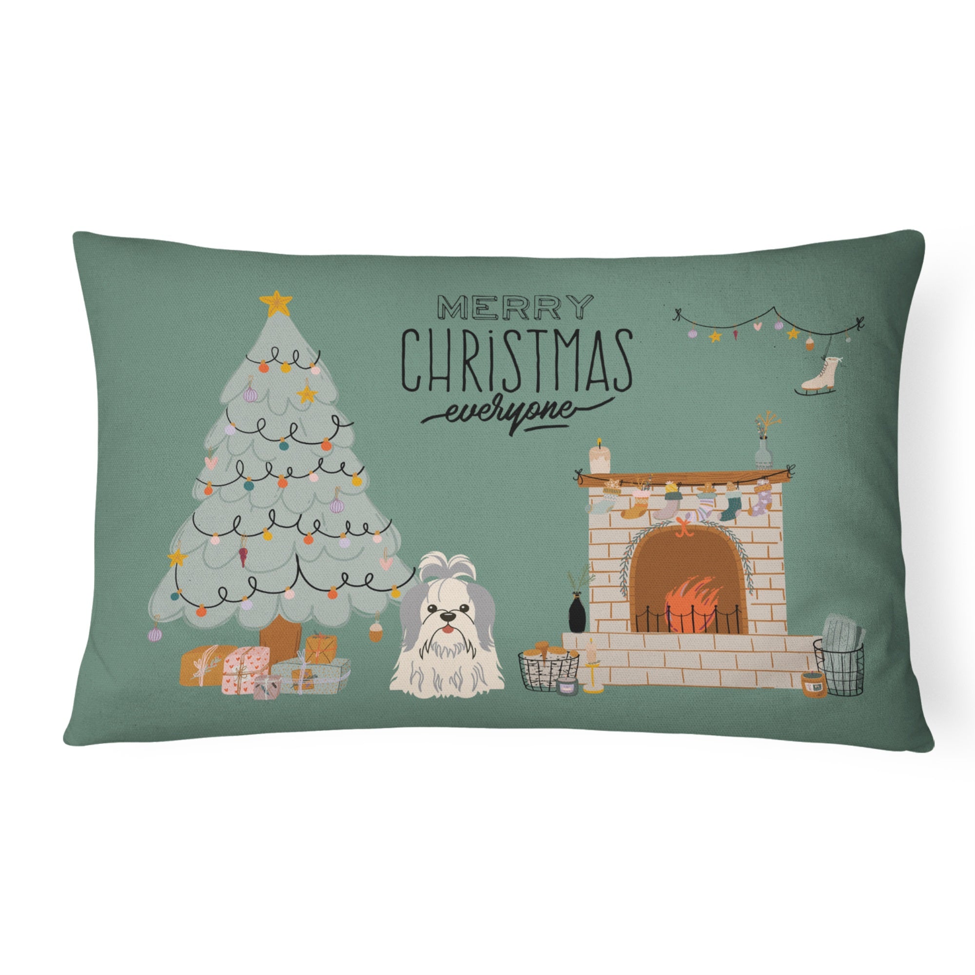 Silver White Shih Tzu Christmas Everyone Canvas Fabric Decorative Pillow