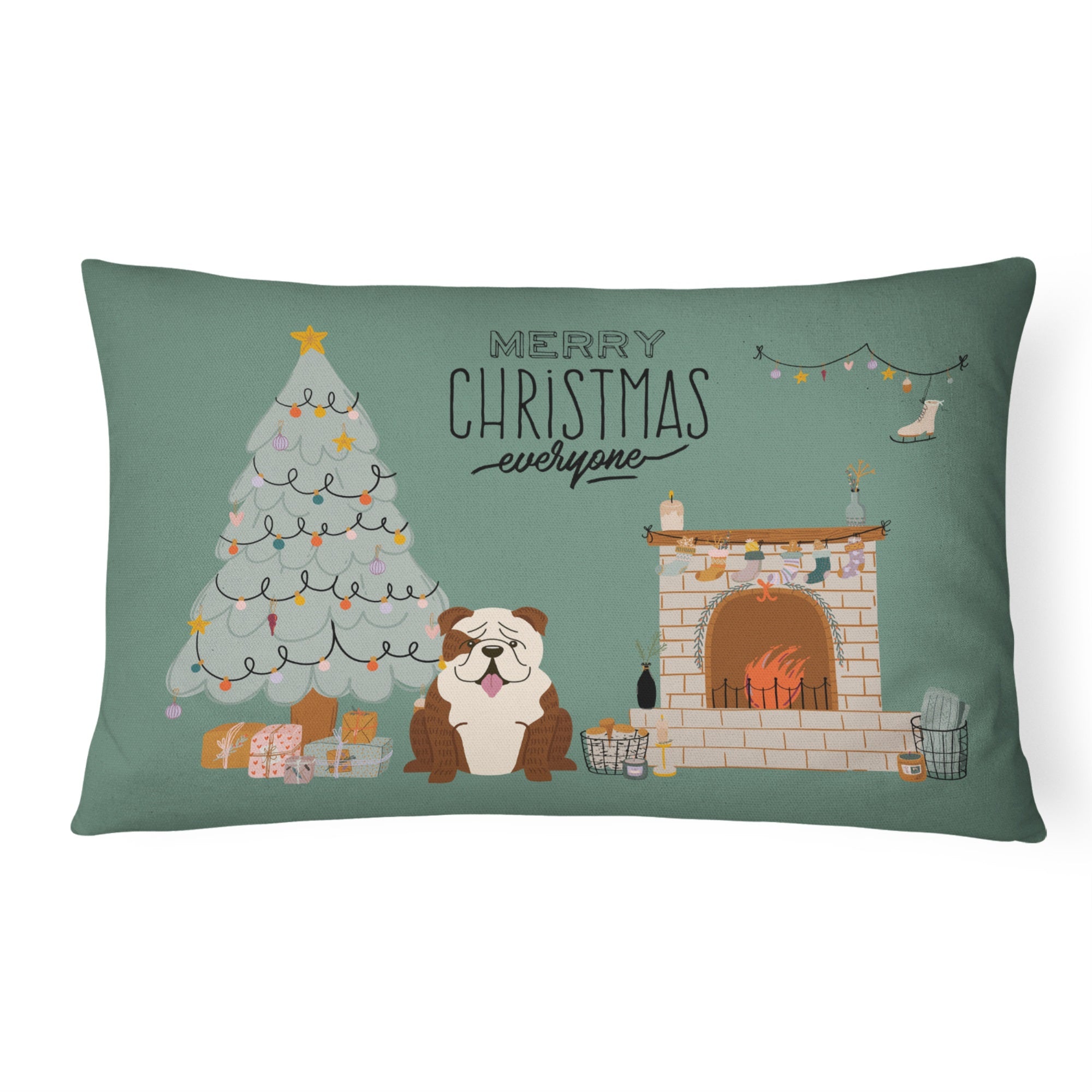 Brindle White English Bulldog Christmas Everyone Canvas Fabric Decorative Pillow