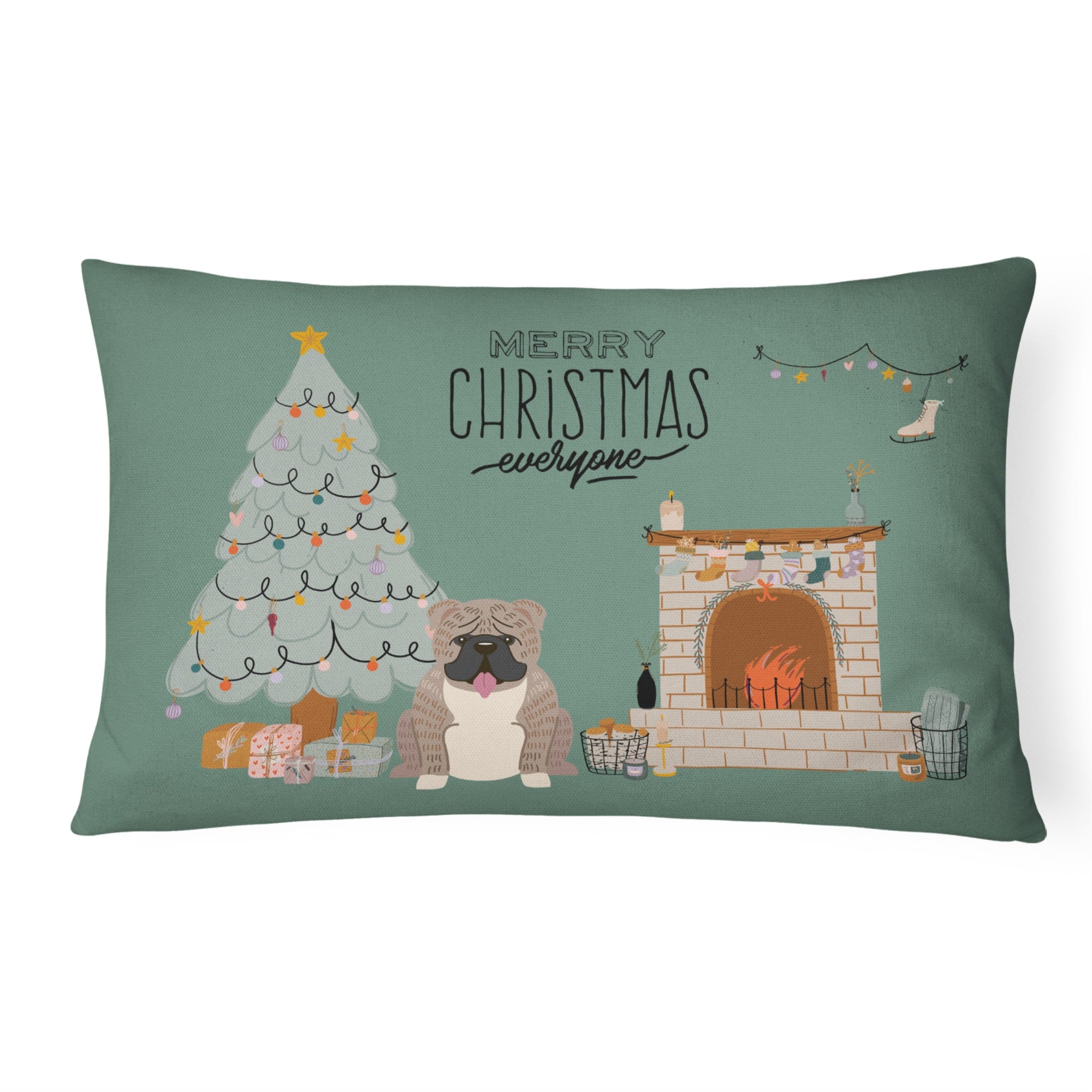 Grey Brindle English Bulldog Christmas Everyone Canvas Fabric Decorative Pillow