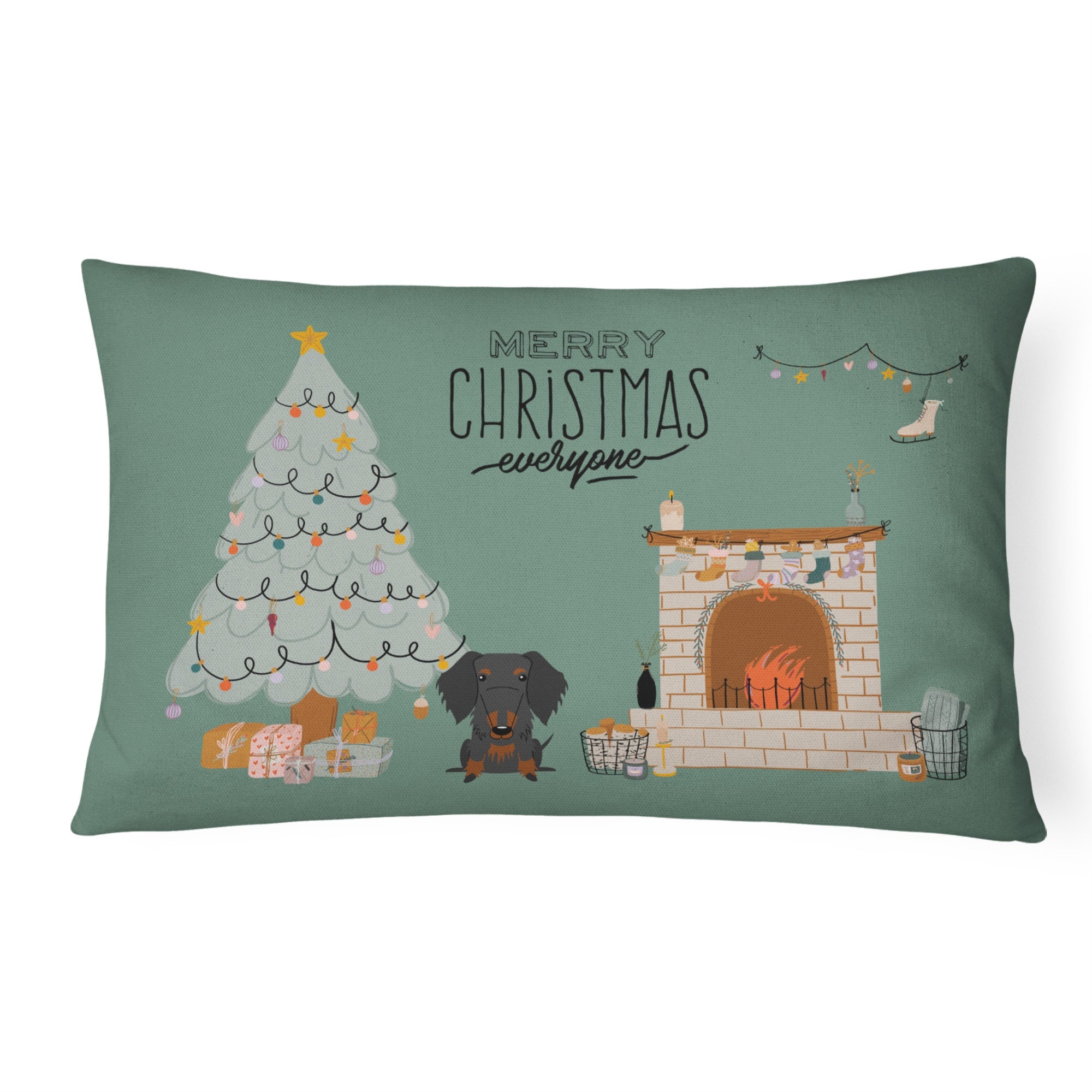Black Tan Wire Haired Dachshund Christmas Everyone Canvas Fabric Decorative Pillow