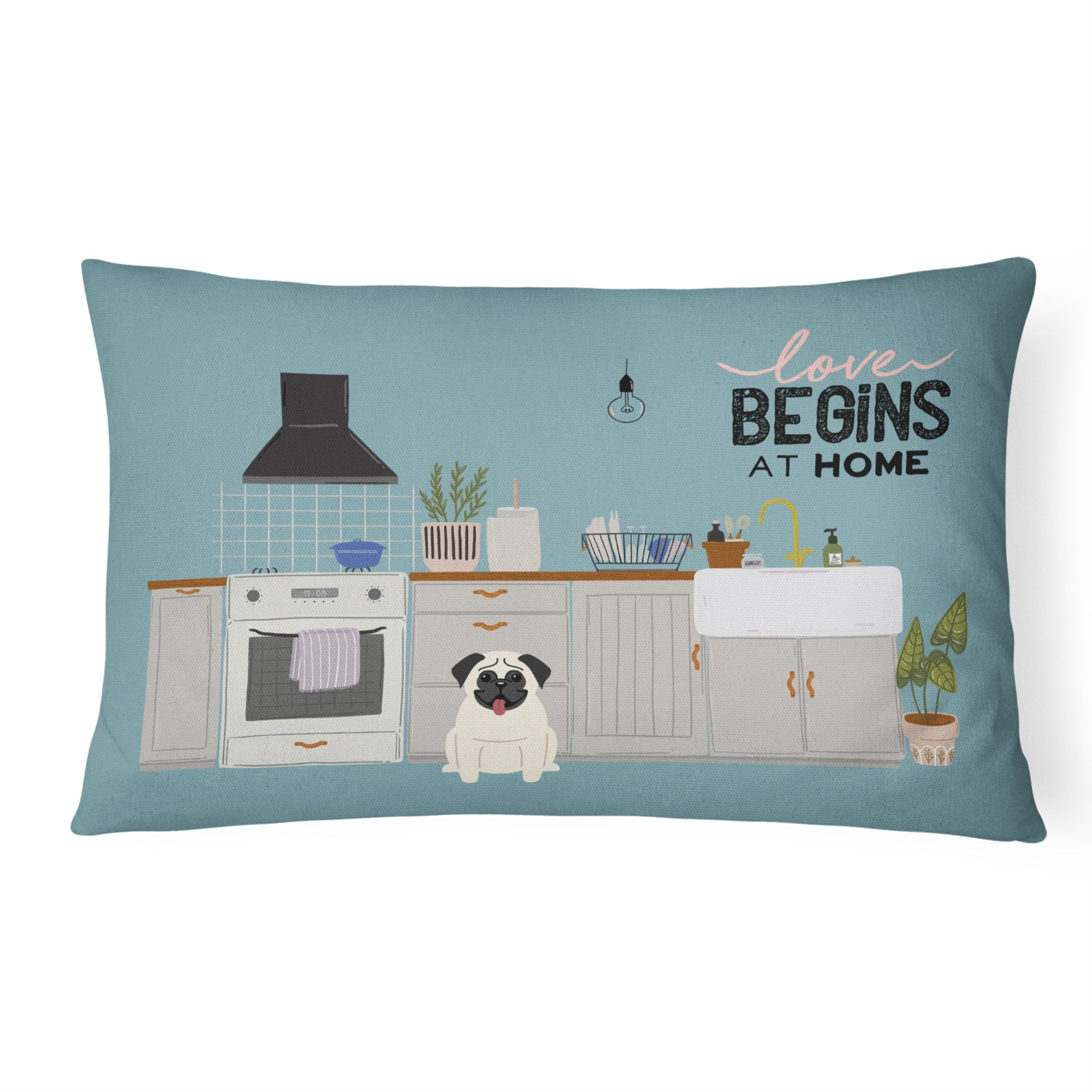 Cream Pug Kitchen Scene Canvas Fabric Decorative Pillow