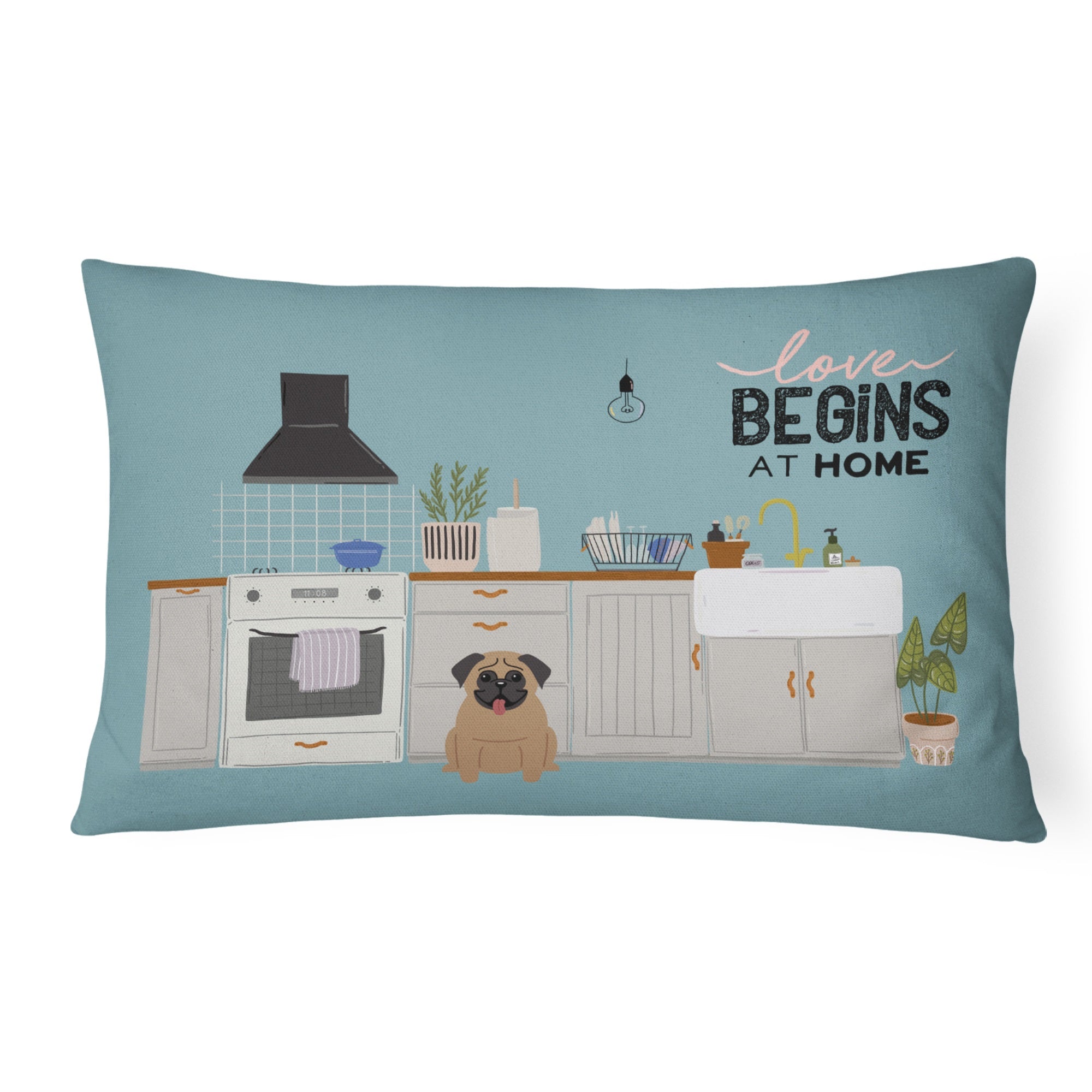 Brown Pug Kitchen Scene Canvas Fabric Decorative Pillow