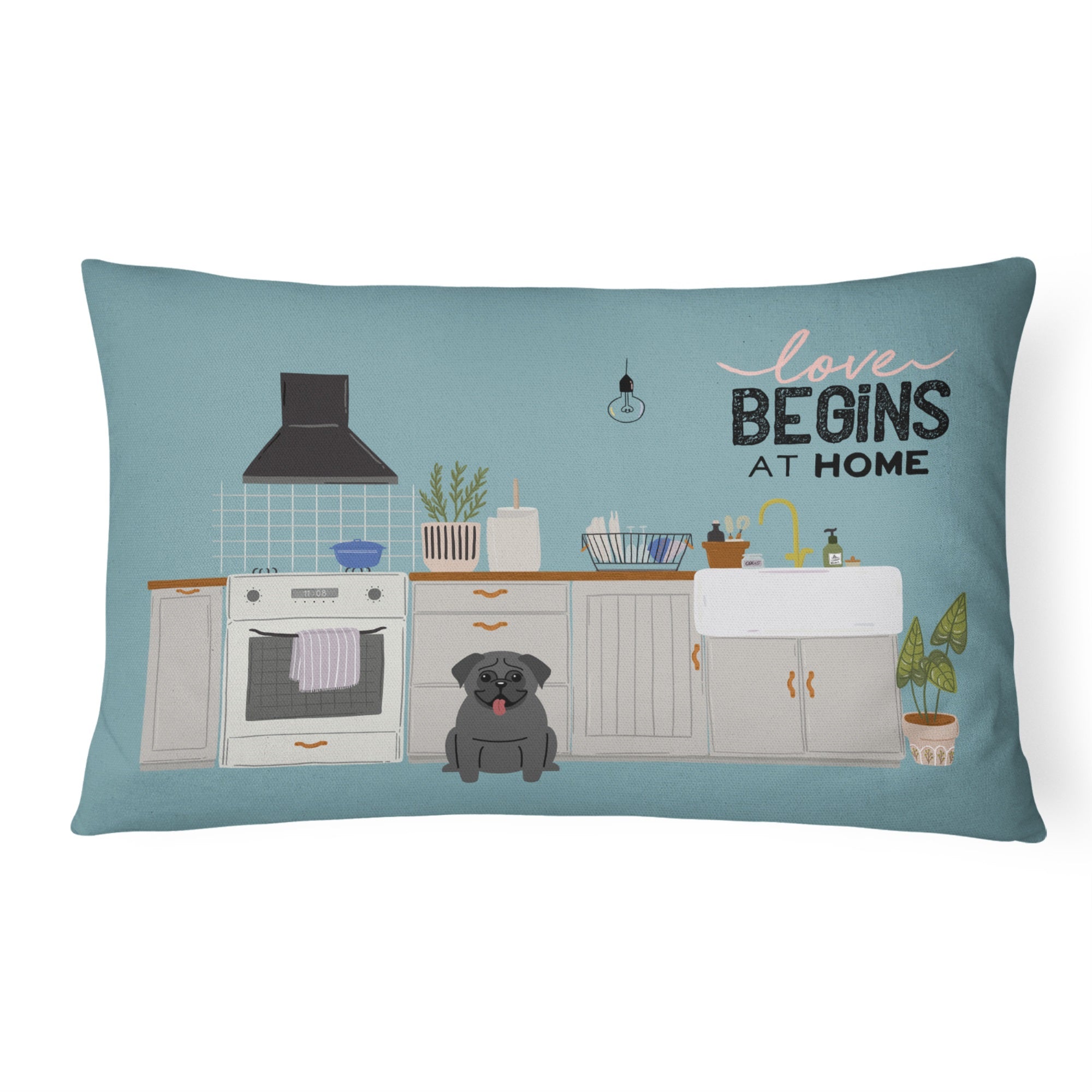 Black Pug Kitchen Scene Canvas Fabric Decorative Pillow