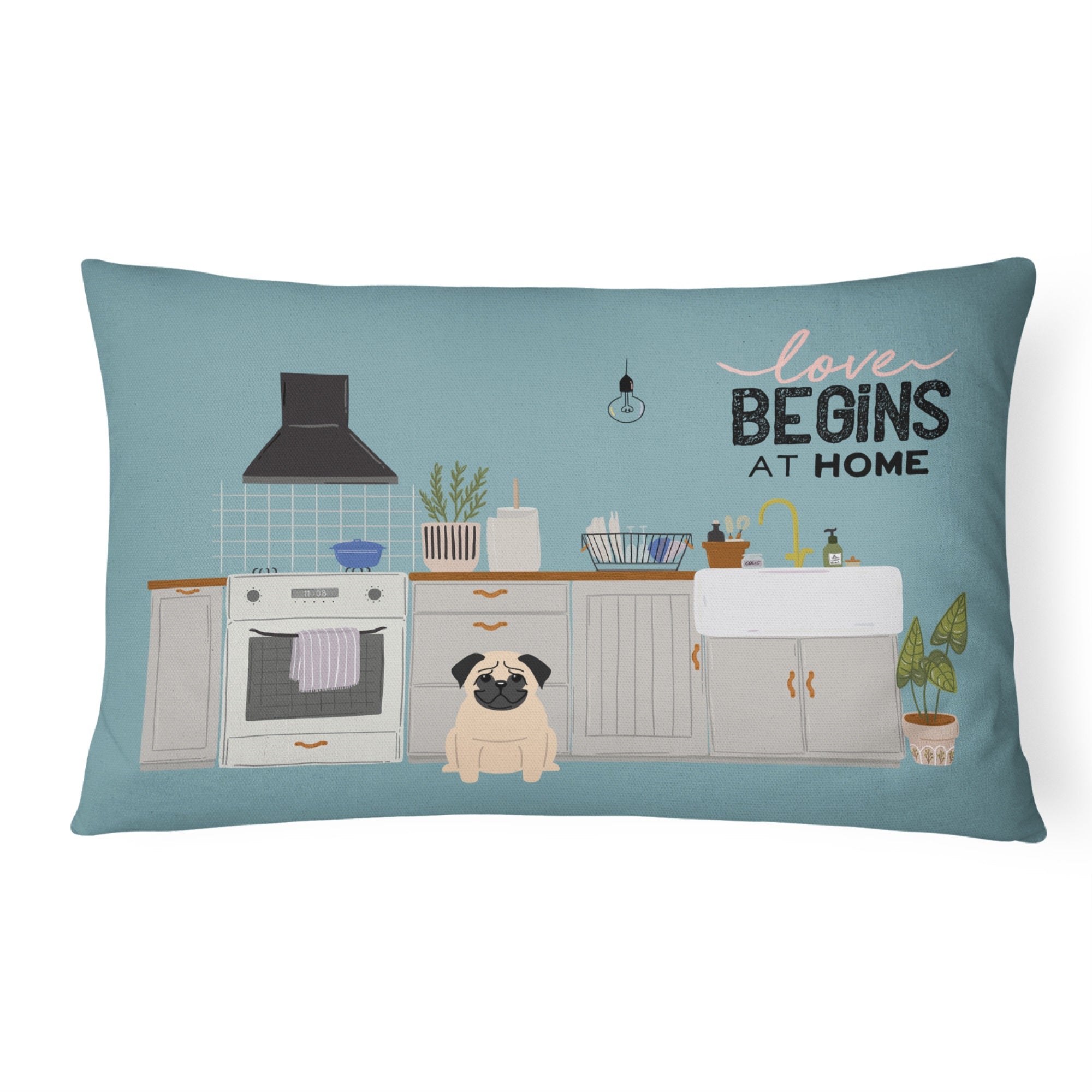 Fawn Pug Kitchen Scene Canvas Fabric Decorative Pillow