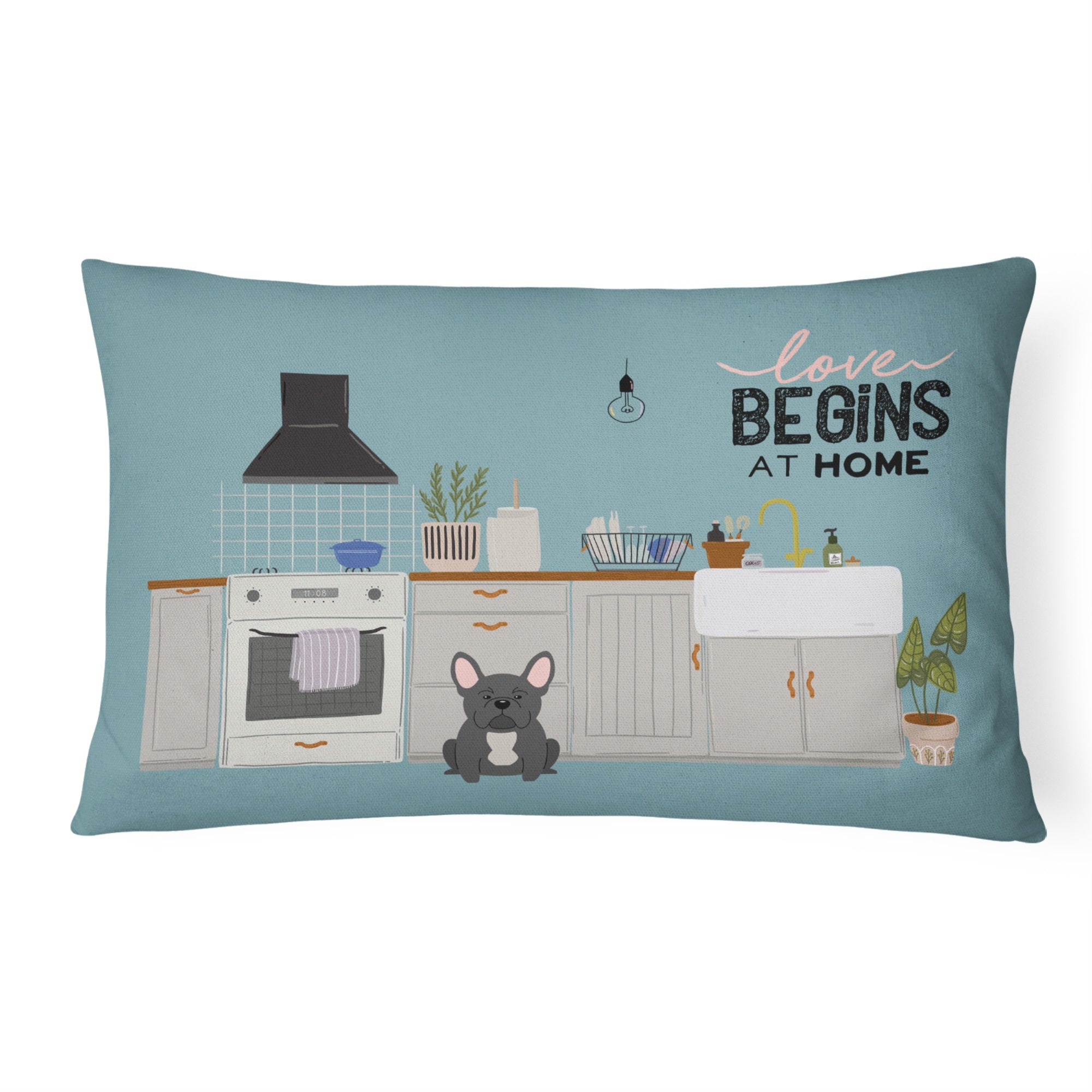 Black French Bulldog Kitchen Scene Canvas Fabric Decorative Pillow