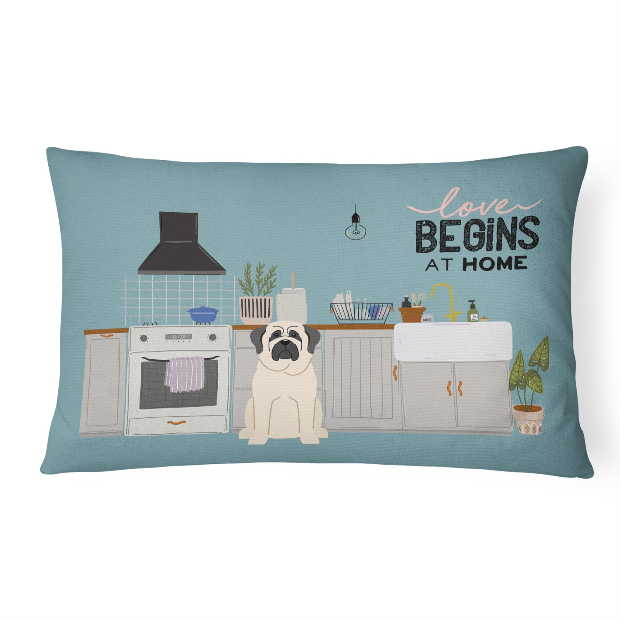 White Mastiff Kitchen Scene Canvas Fabric Decorative Pillow