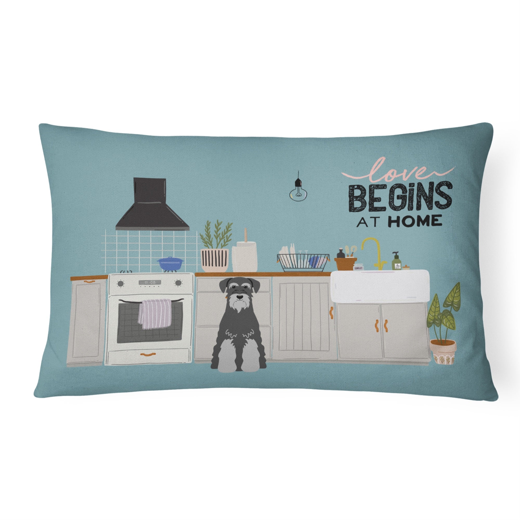 Black Grey Standard Schnauzer Kitchen Scene Canvas Fabric Decorative Pillow