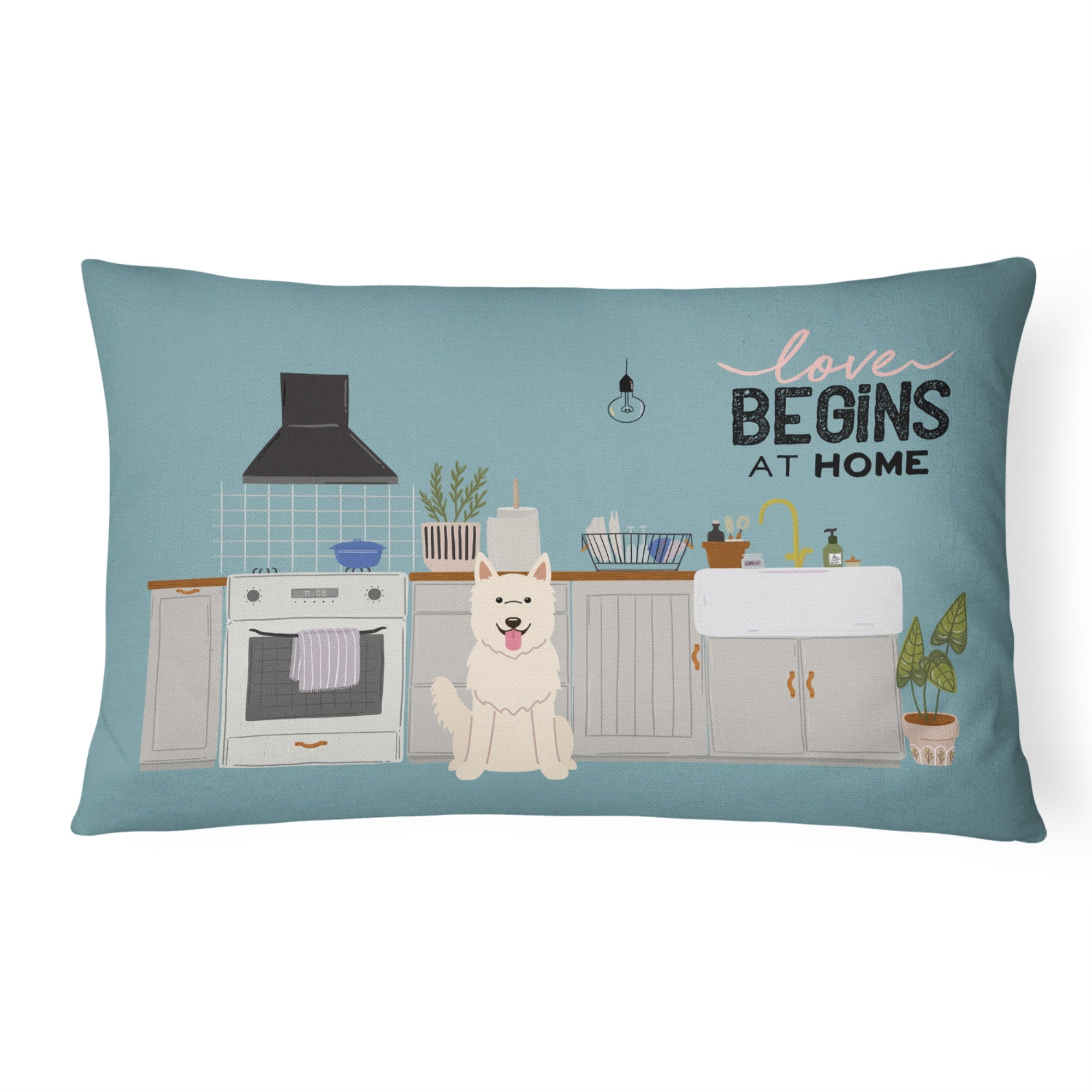 White German Shepherd Kitchen Scene Canvas Fabric Decorative Pillow