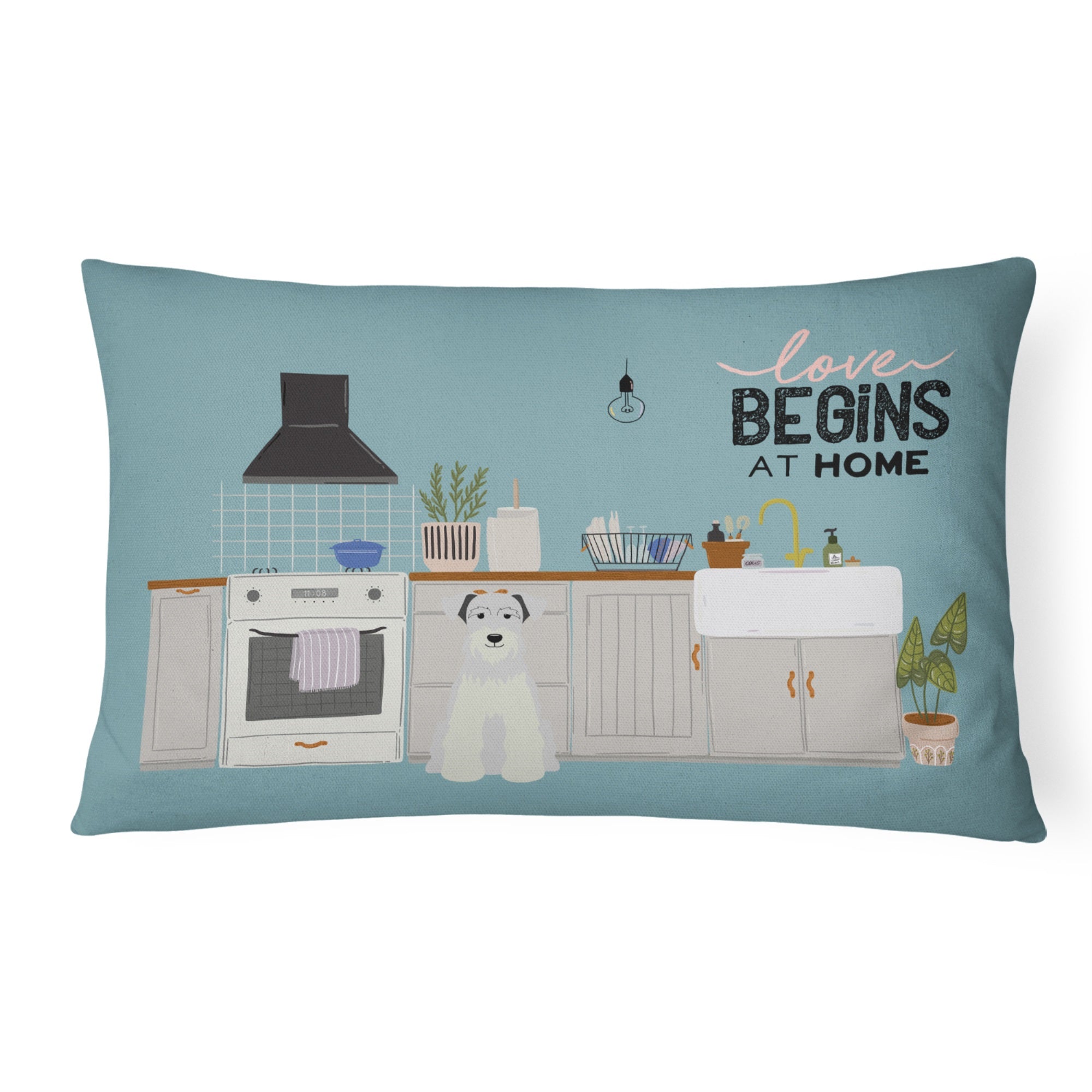 White Miniature Schnauzer Kitchen Scene Canvas Fabric Decorative Pillow