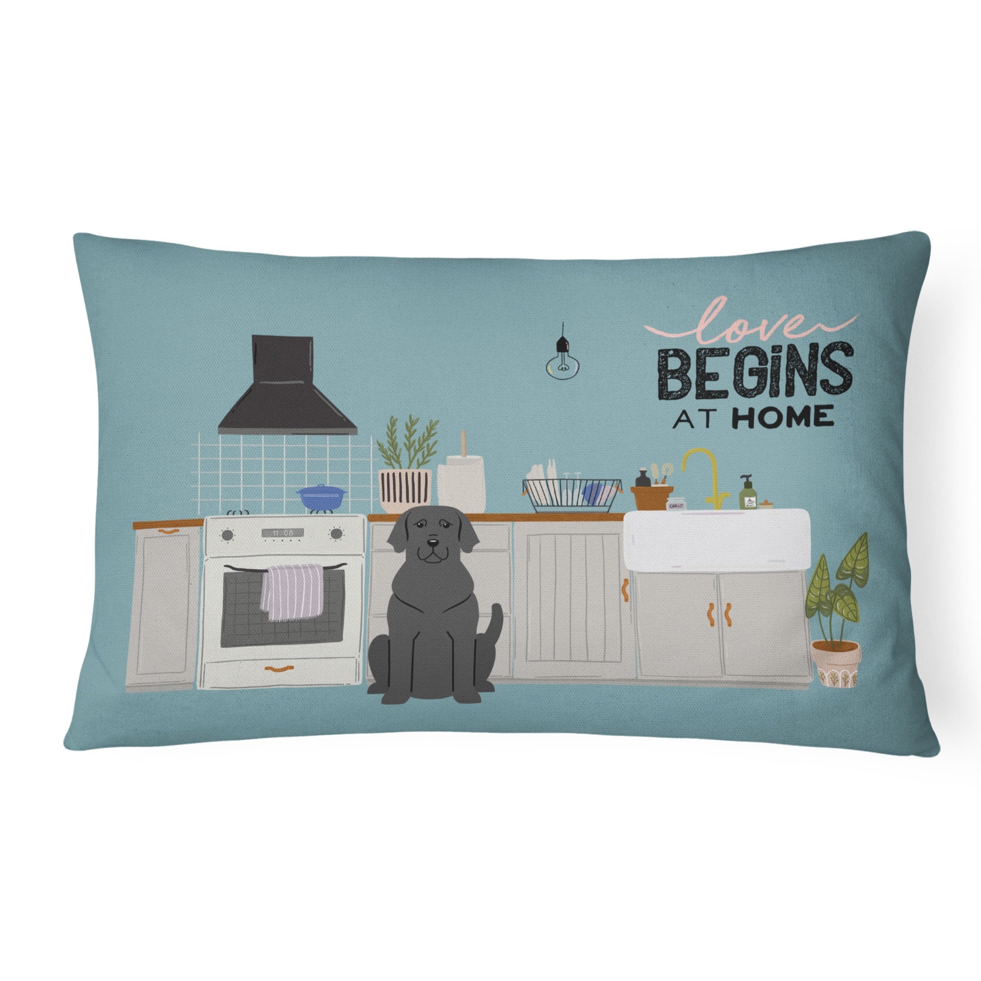 Black Labrador Kitchen Scene Canvas Fabric Decorative Pillow
