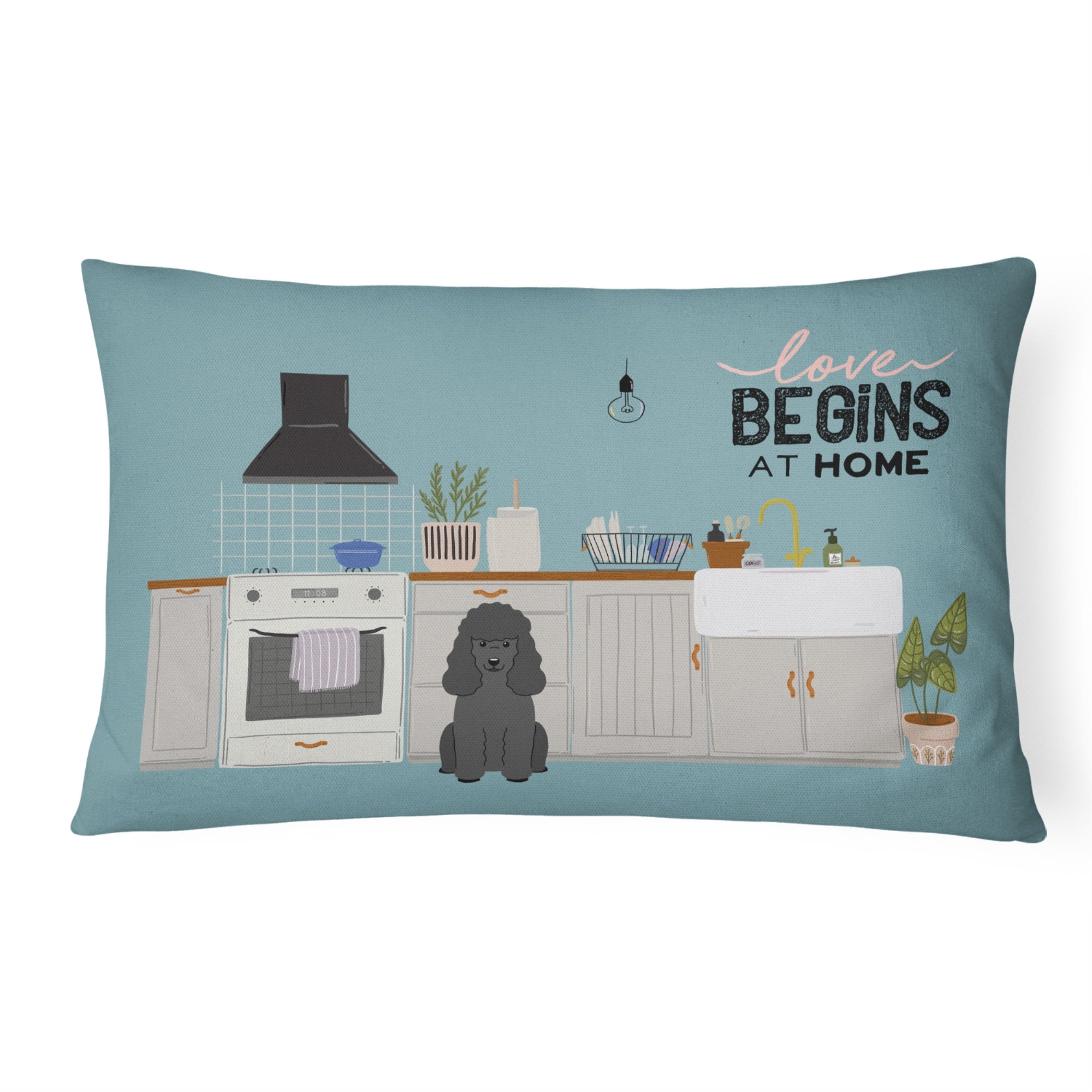 Black Poodle Kitchen Scene Canvas Fabric Decorative Pillow