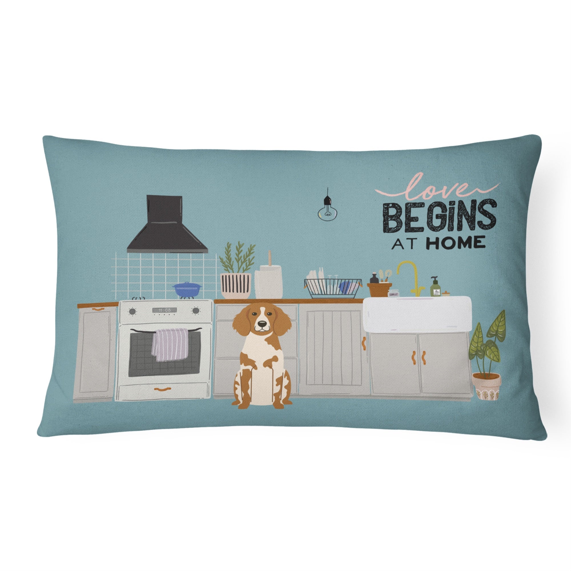 Brittany Spaniel Kitchen Scene Canvas Fabric Decorative Pillow