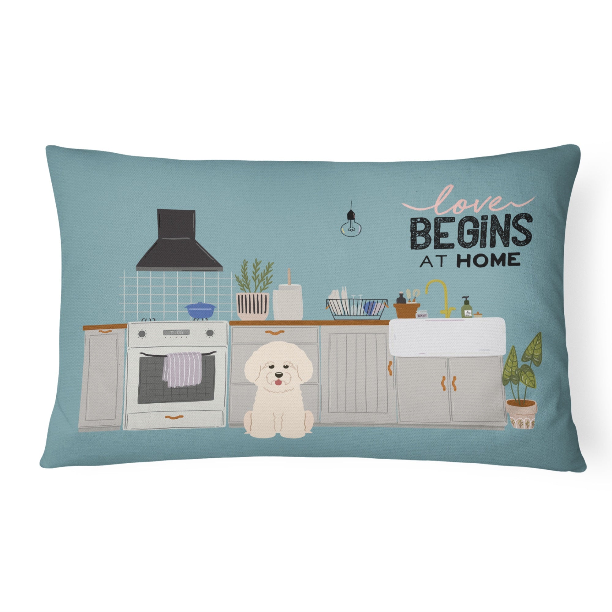 Bichon Frise Kitchen Scene Canvas Fabric Decorative Pillow