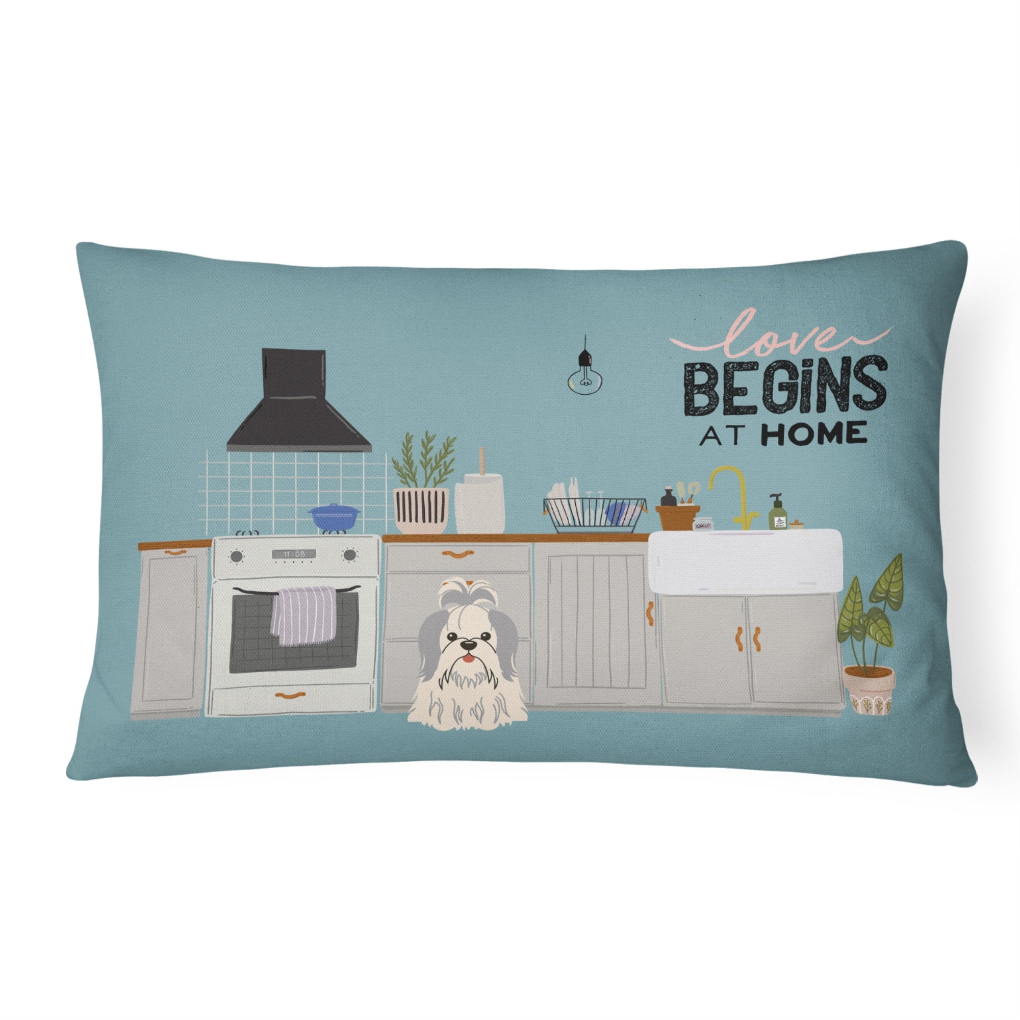 Silver White Shih Tzu Kitchen Scene Canvas Fabric Decorative Pillow