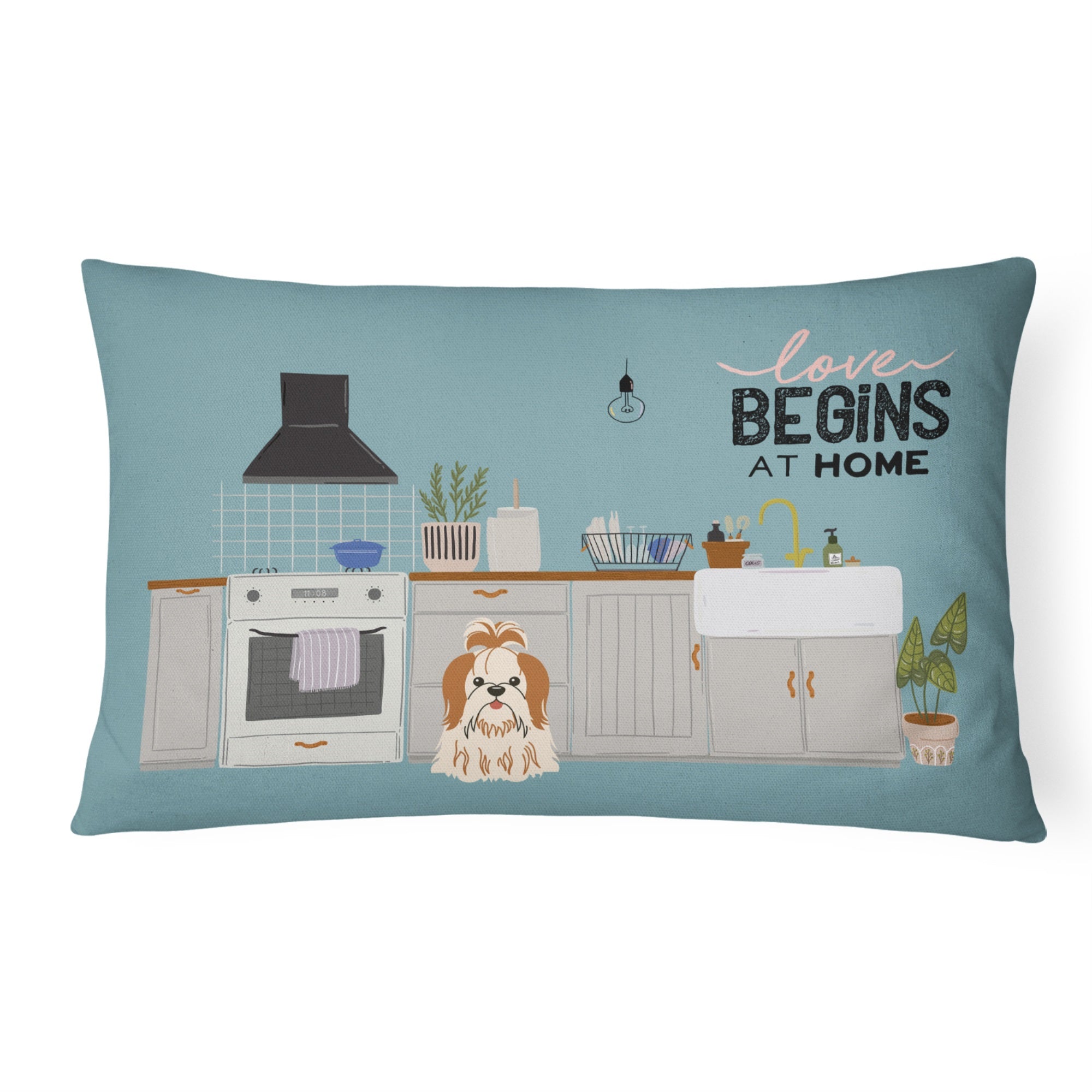 Red White Shih Tzu Kitchen Scene Canvas Fabric Decorative Pillow