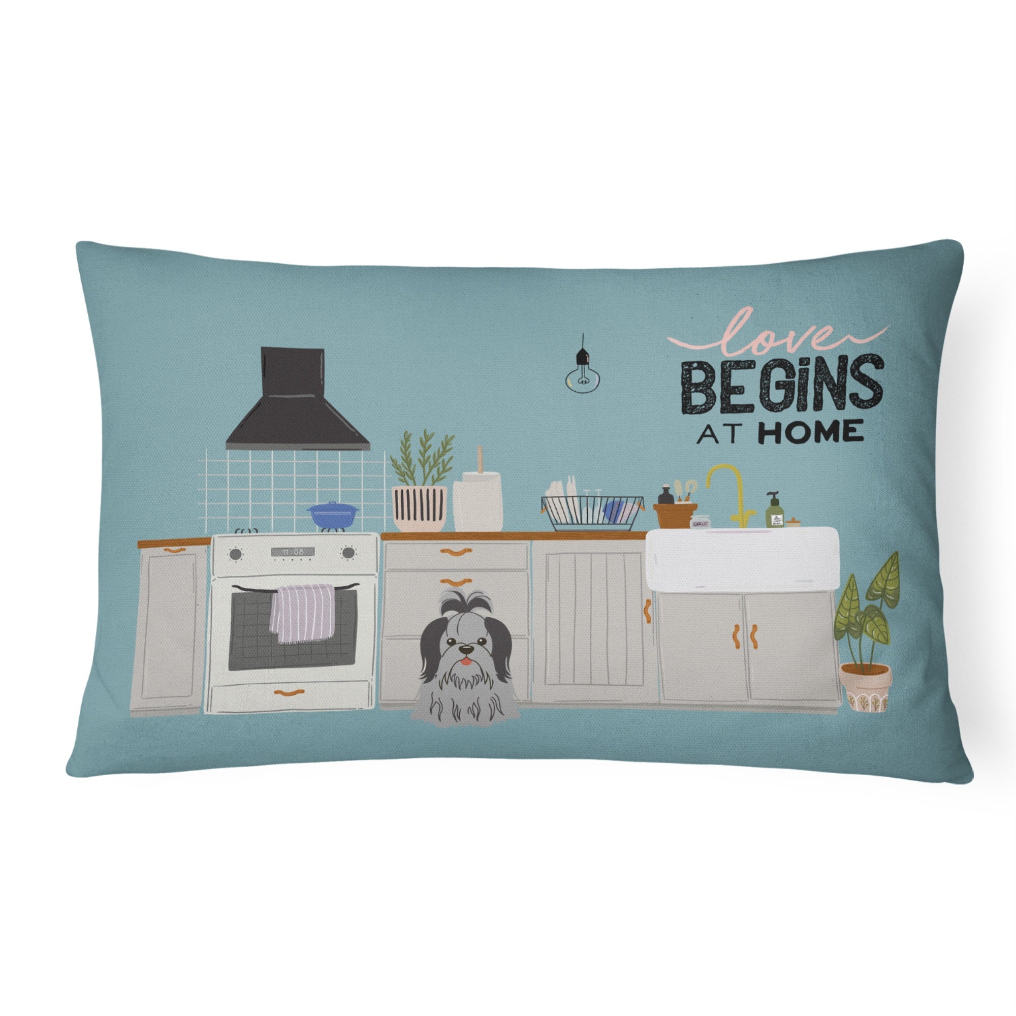 Black Silver Shih Tzu Kitchen Scene Canvas Fabric Decorative Pillow