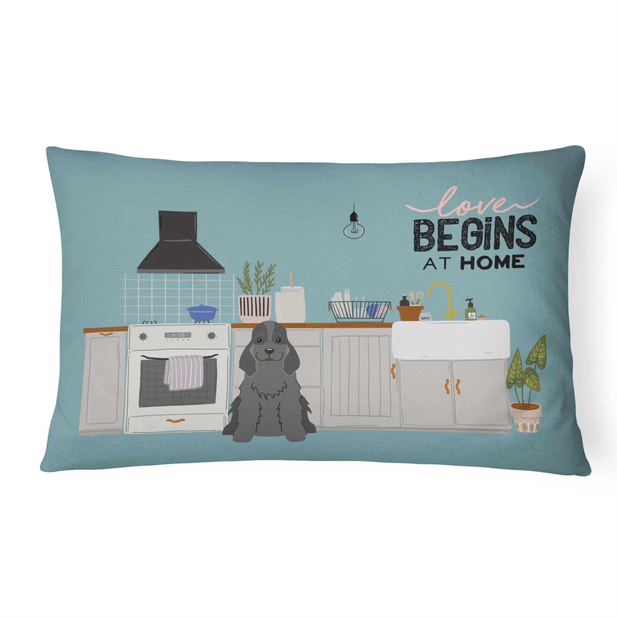 Black Cocker Spaniel Kitchen Scene Canvas Fabric Decorative Pillow