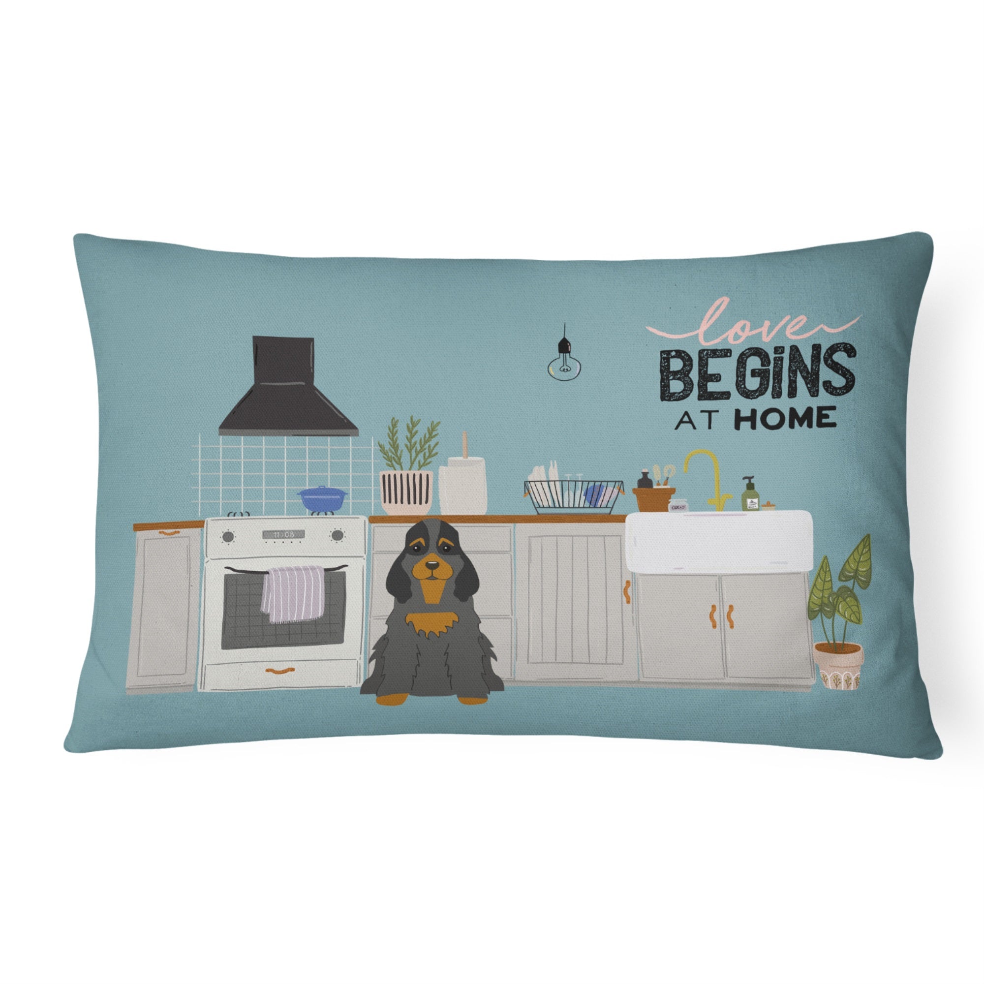 Black Tan Cocker Spaniel Kitchen Scene Canvas Fabric Decorative Pillow