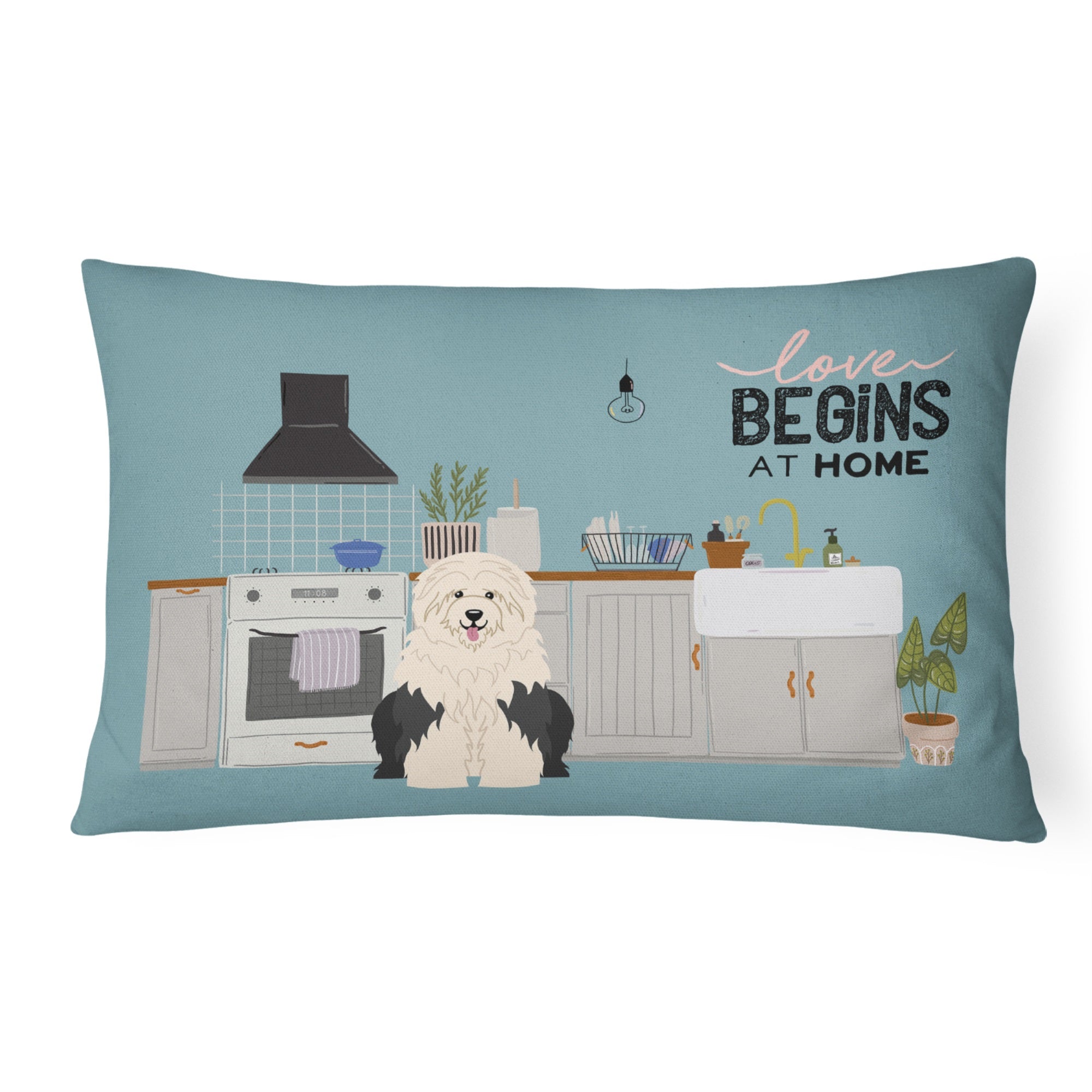 Old English Sheepdog Kitchen Scene Canvas Fabric Decorative Pillow