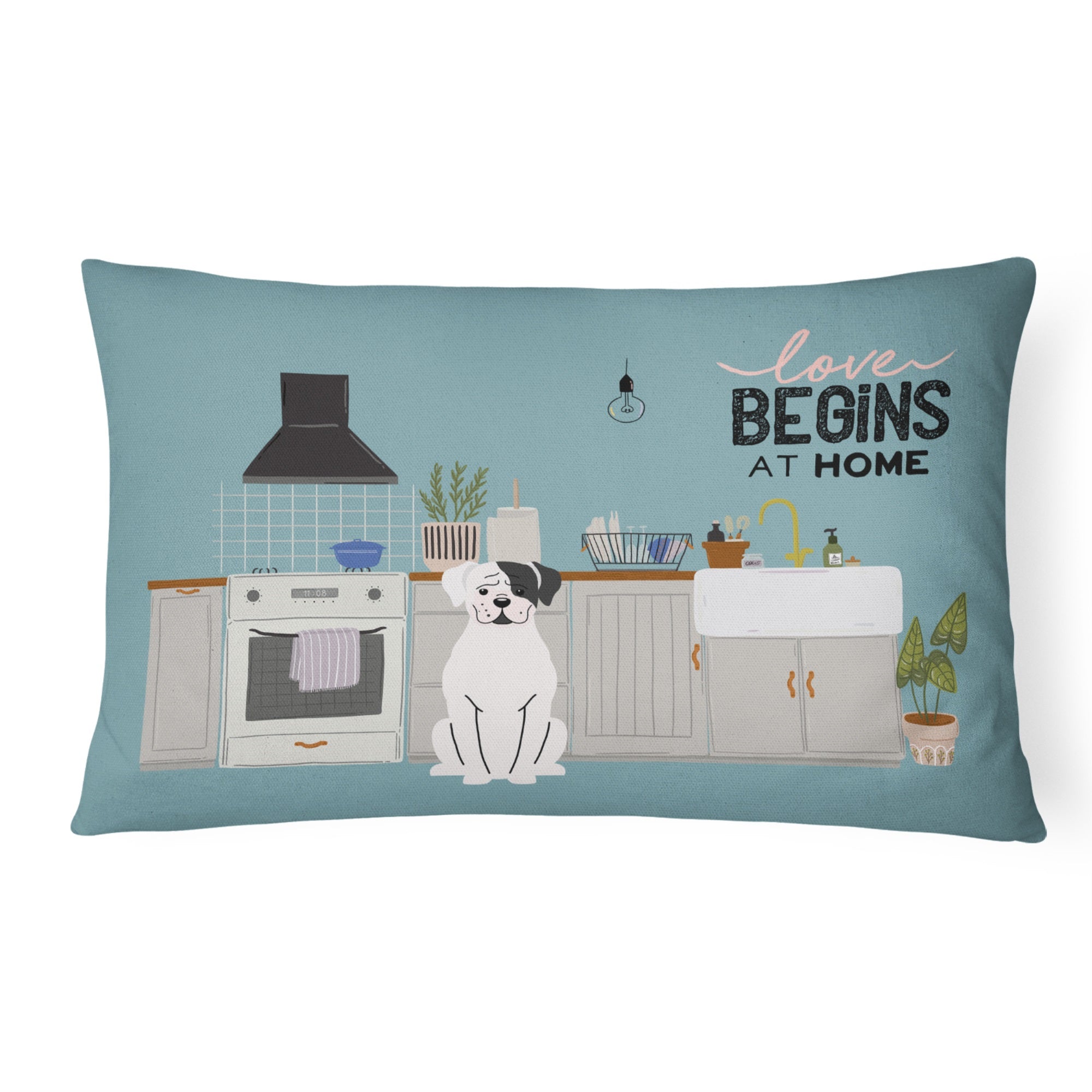 White Boxer Kitchen Scene Canvas Fabric Decorative Pillow