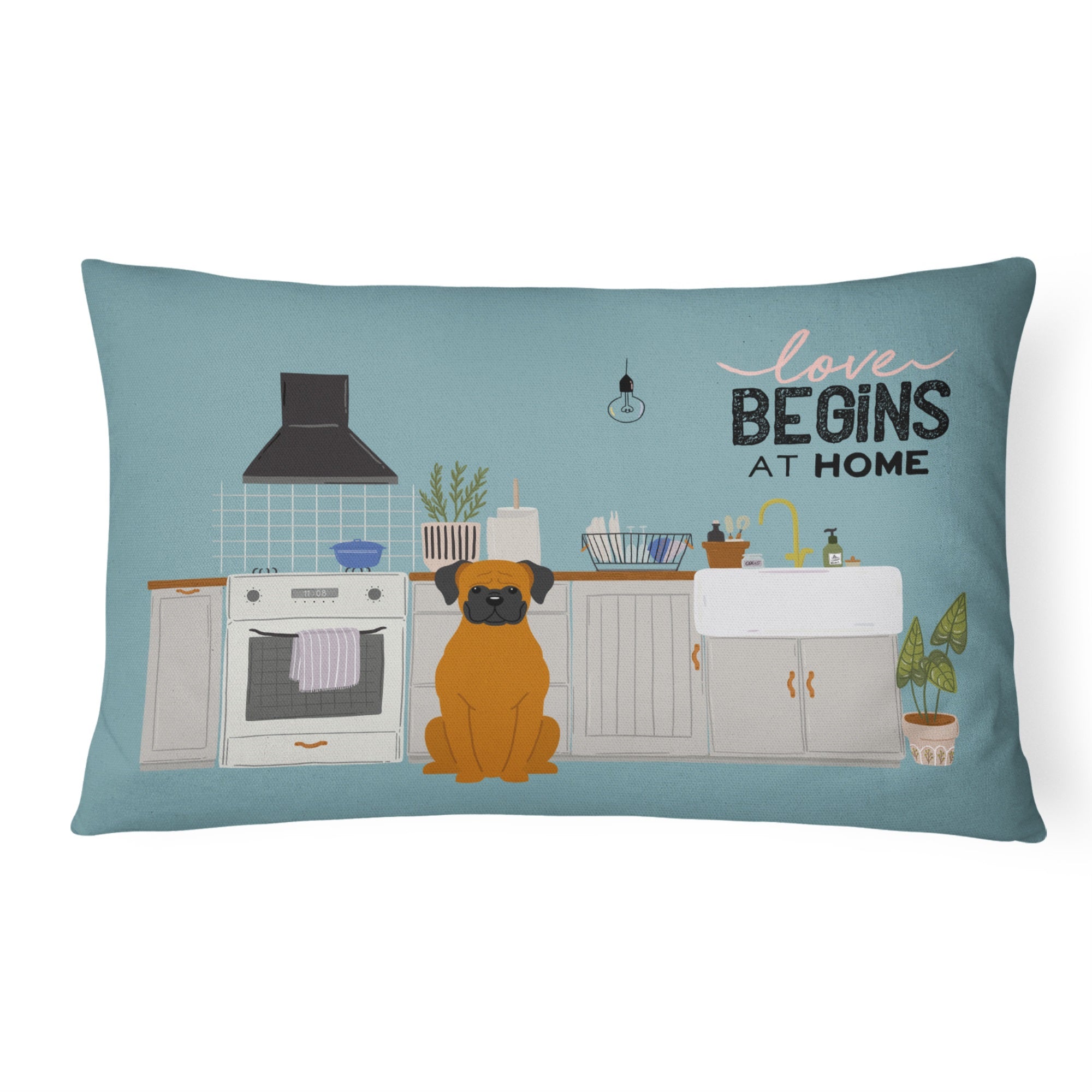 Fawn Boxer Kitchen Scene Canvas Fabric Decorative Pillow