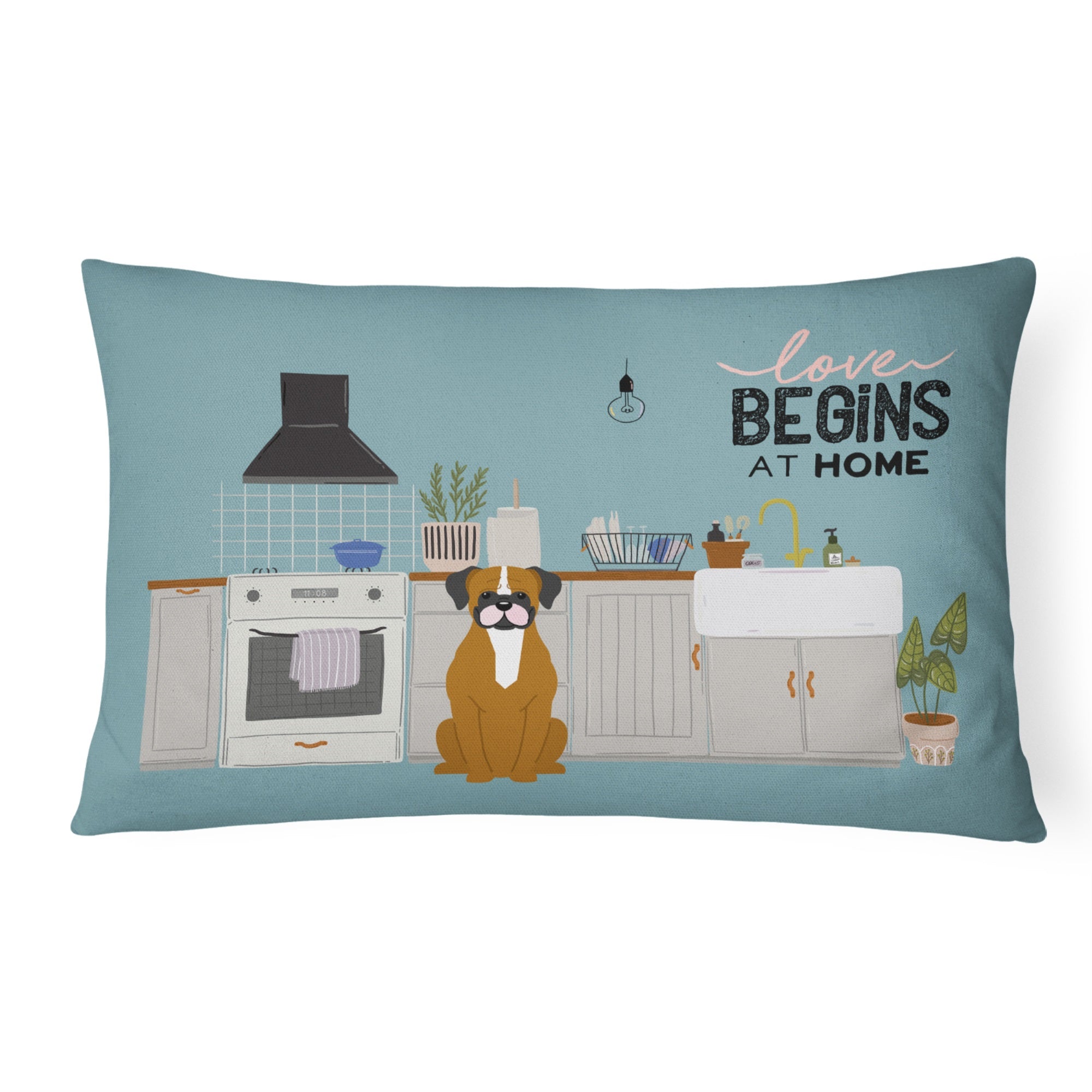 Flashy Fawn Boxer Kitchen Scene Canvas Fabric Decorative Pillow