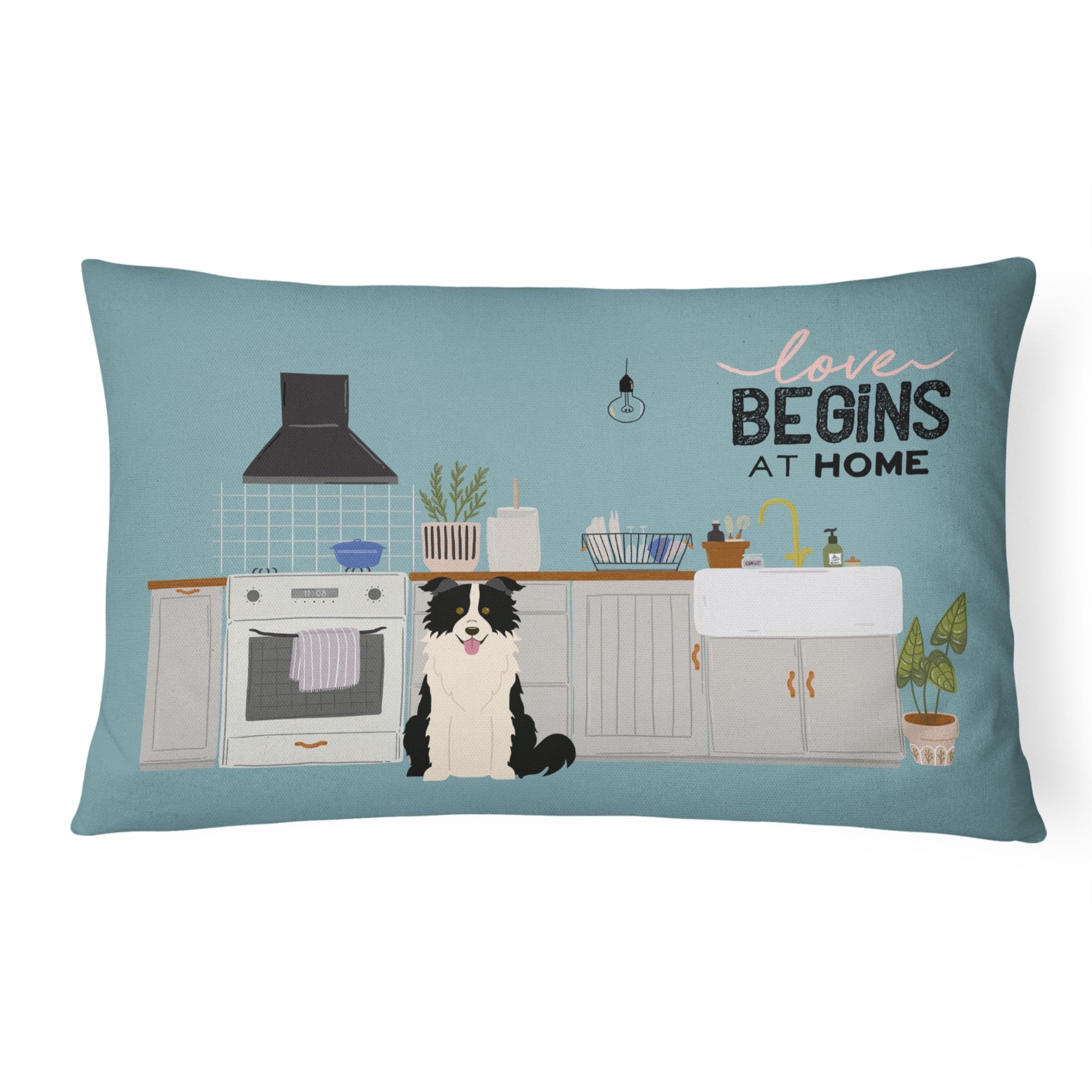 Black White Border Collie Kitchen Scene Canvas Fabric Decorative Pillow