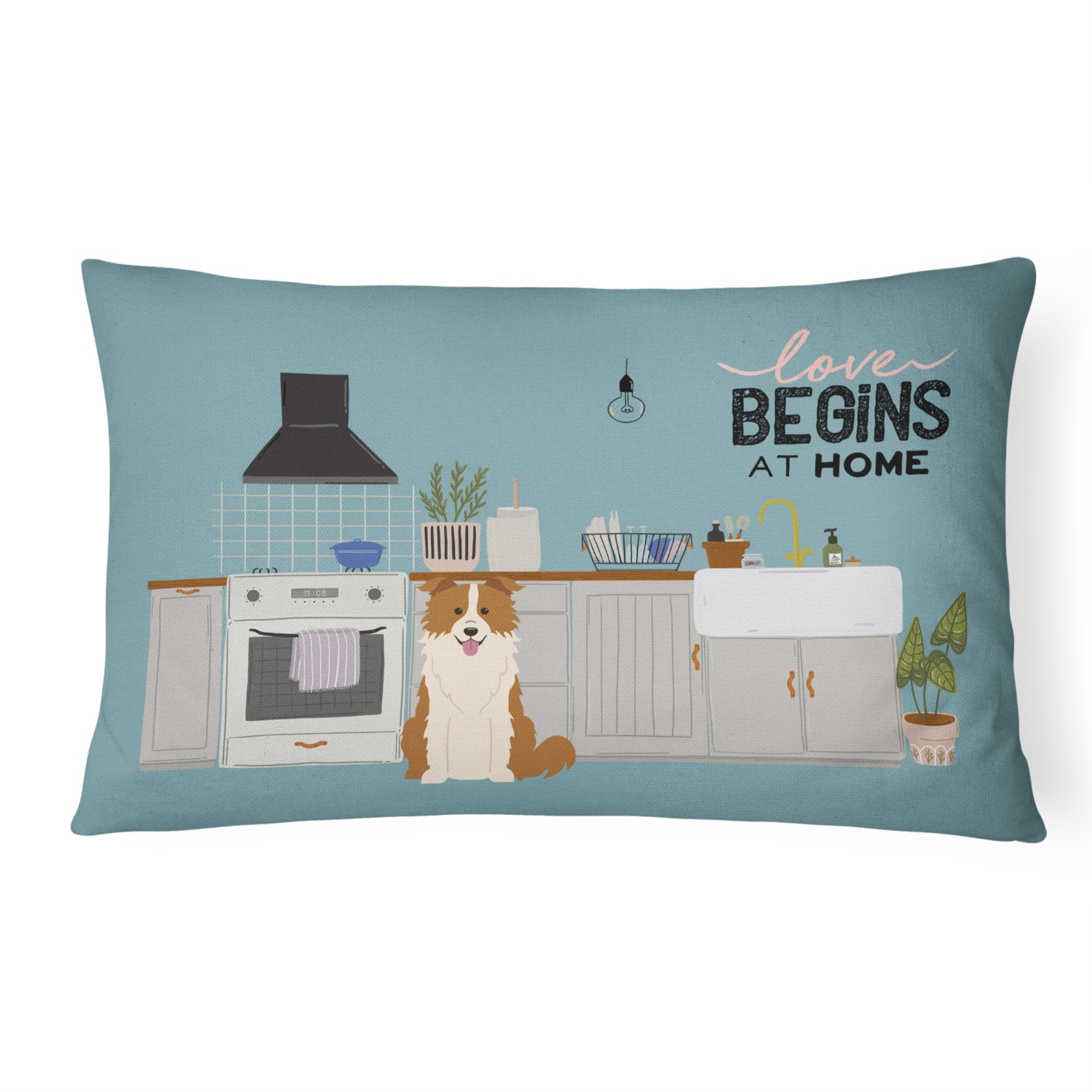 Red White Border Collie Kitchen Scene Canvas Fabric Decorative Pillow