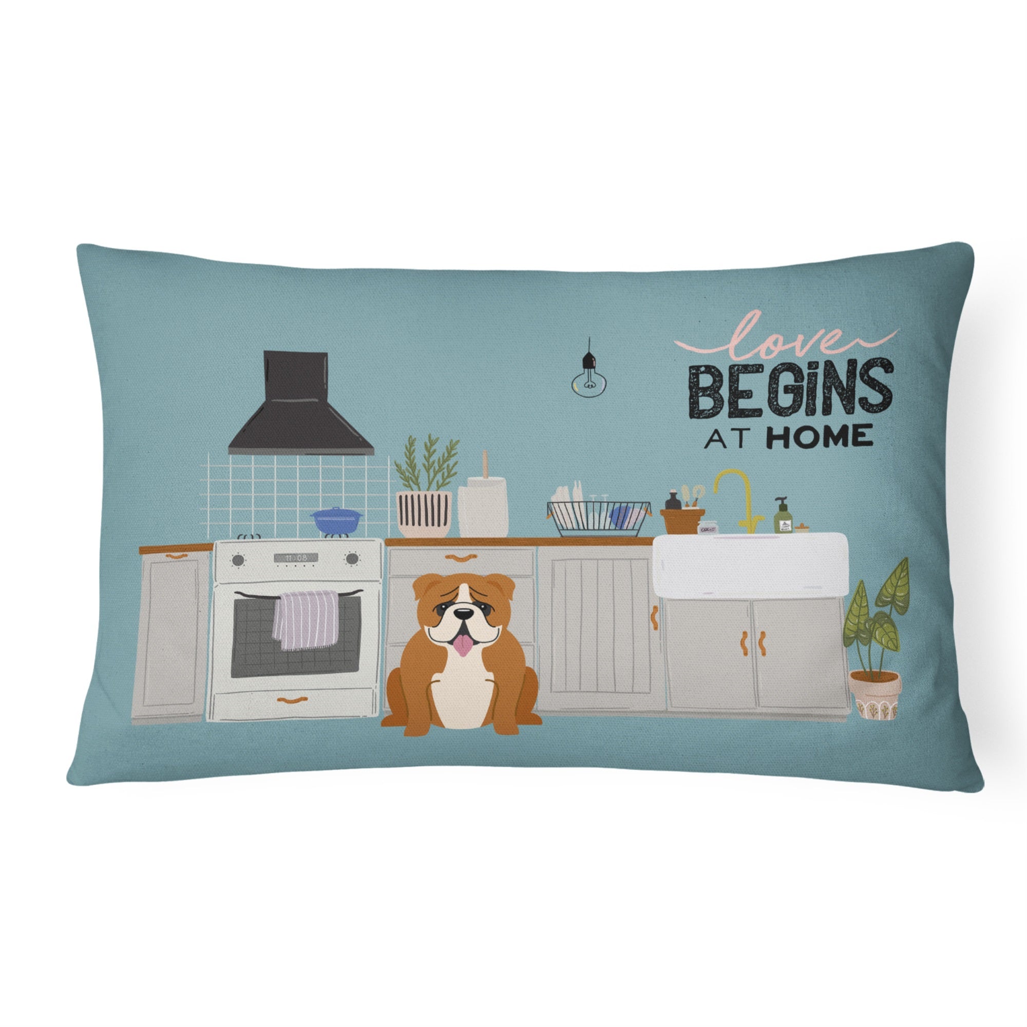 Red White English Bulldog Kitchen Scene Canvas Fabric Decorative Pillow