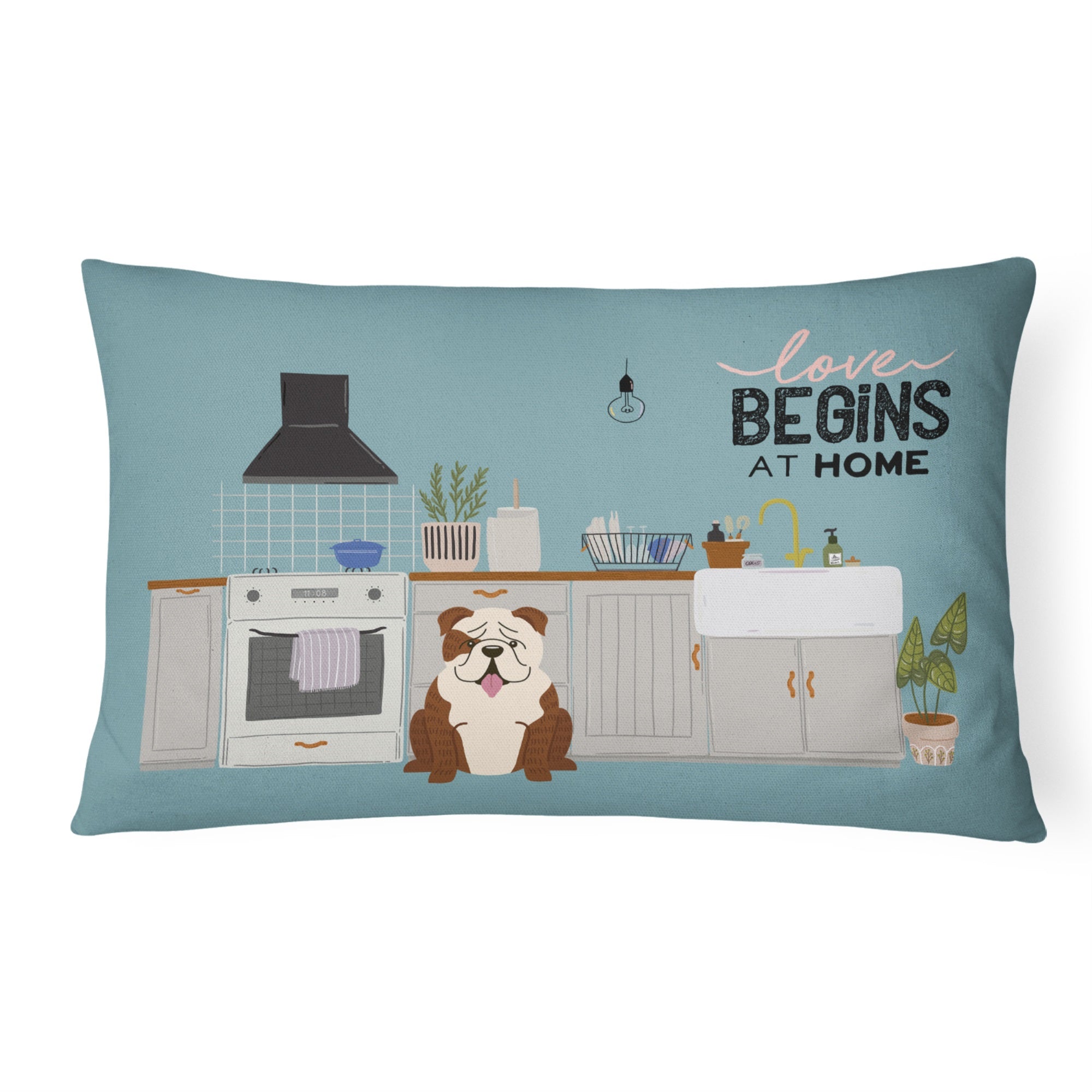 Brindle White English Bulldog Kitchen Scene Canvas Fabric Decorative Pillow