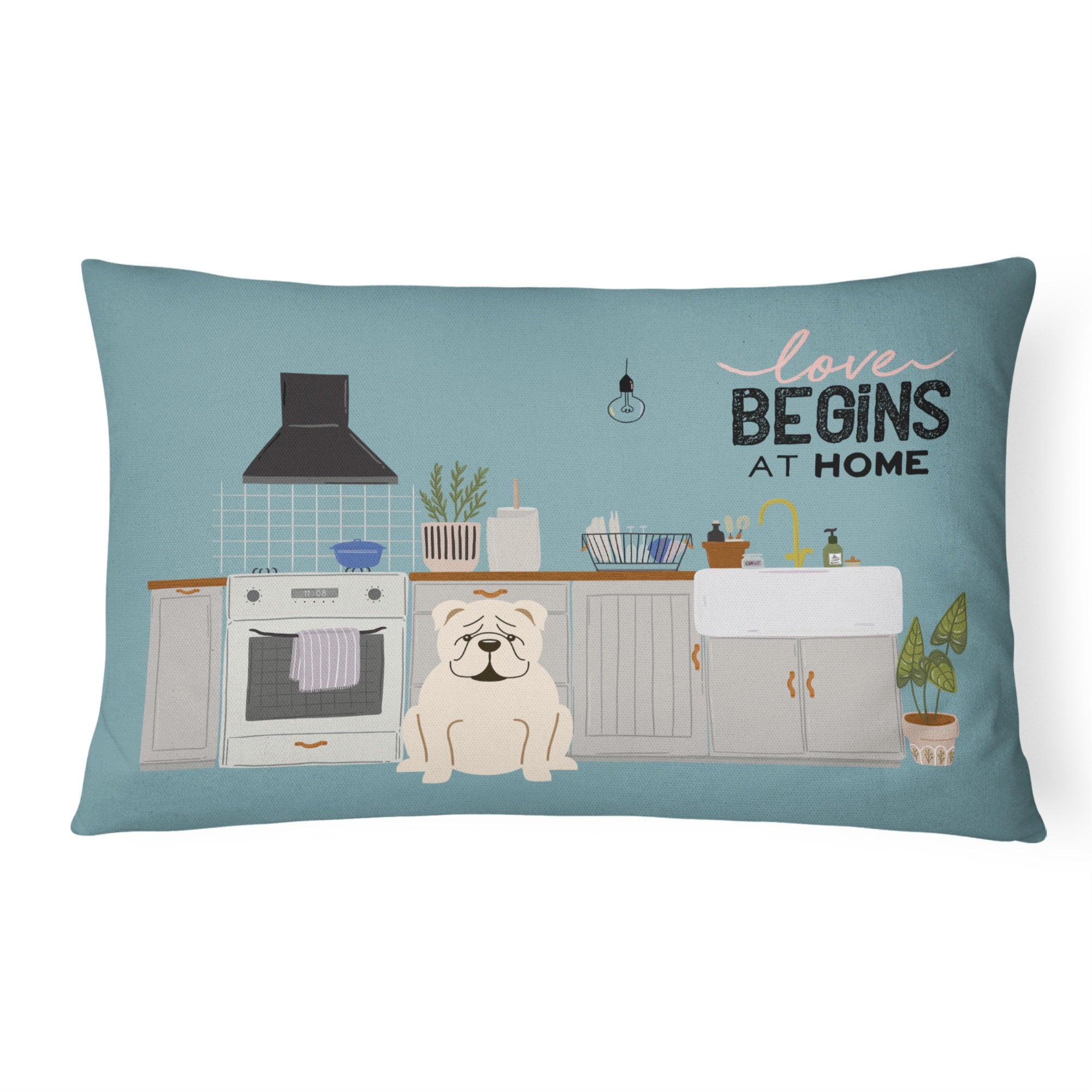 White English Bulldog Kitchen Scene Canvas Fabric Decorative Pillow