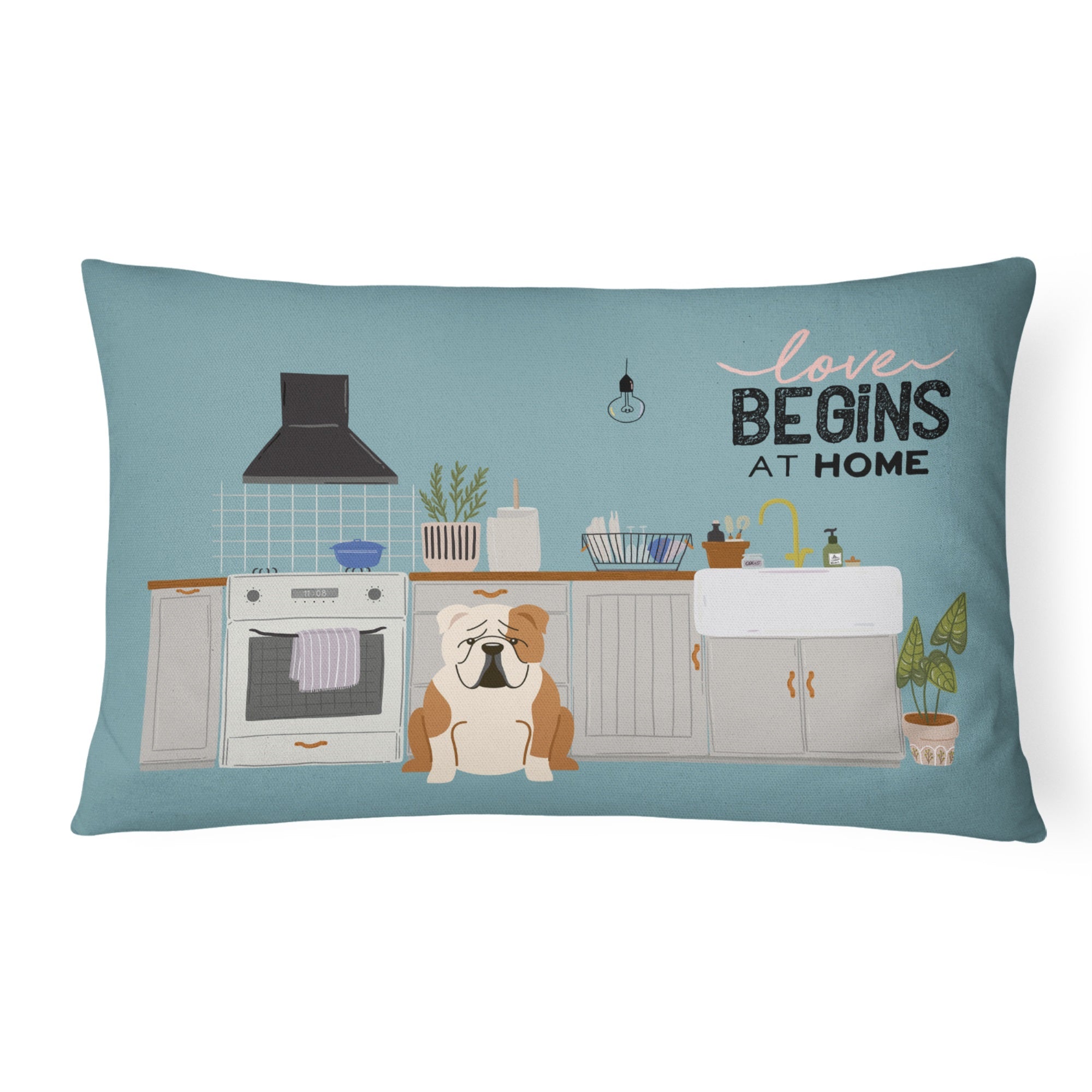 Fawn White English Bulldog Kitchen Scene Canvas Fabric Decorative Pillow