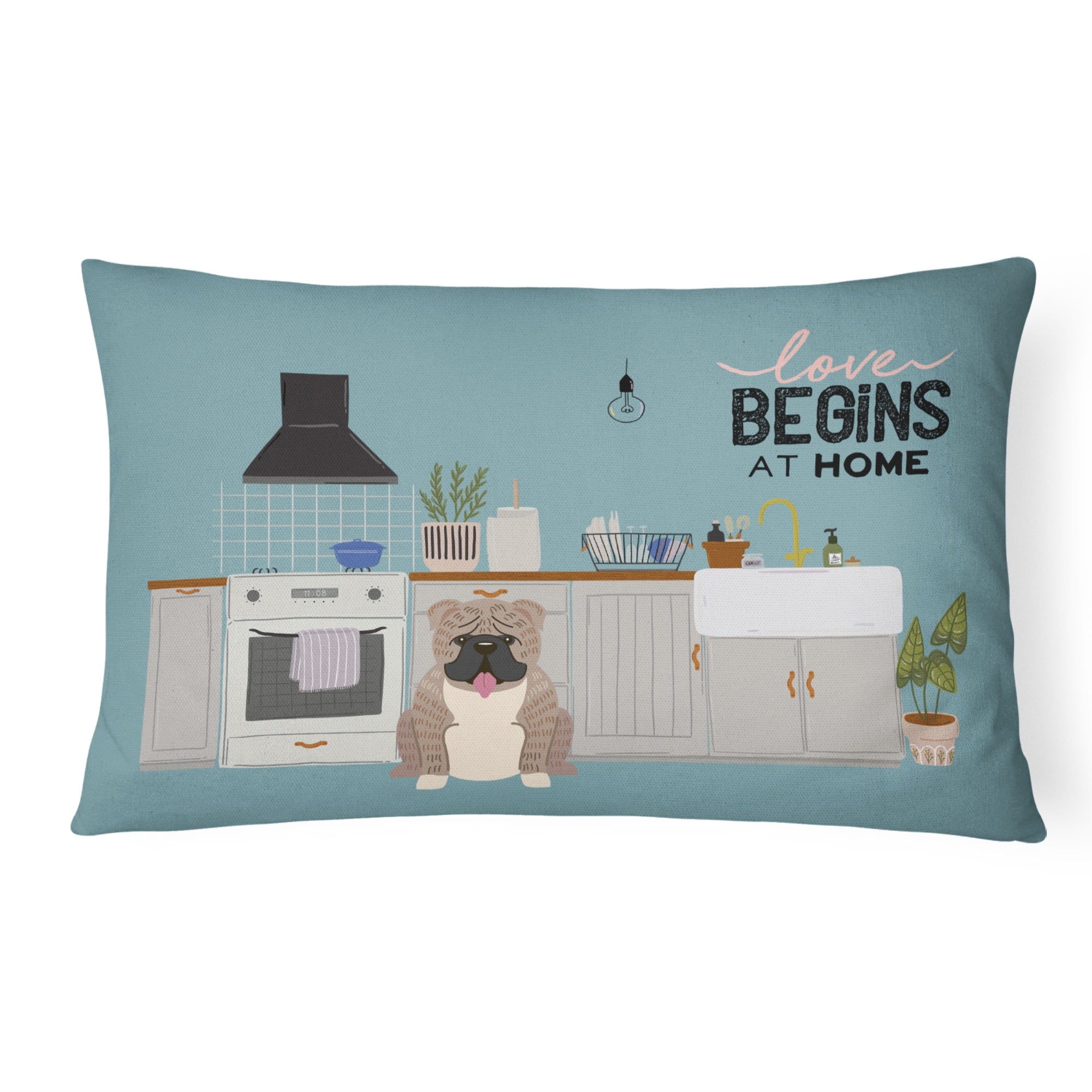 Grey Brindle English Bulldog Kitchen Scene Canvas Fabric Decorative Pillow