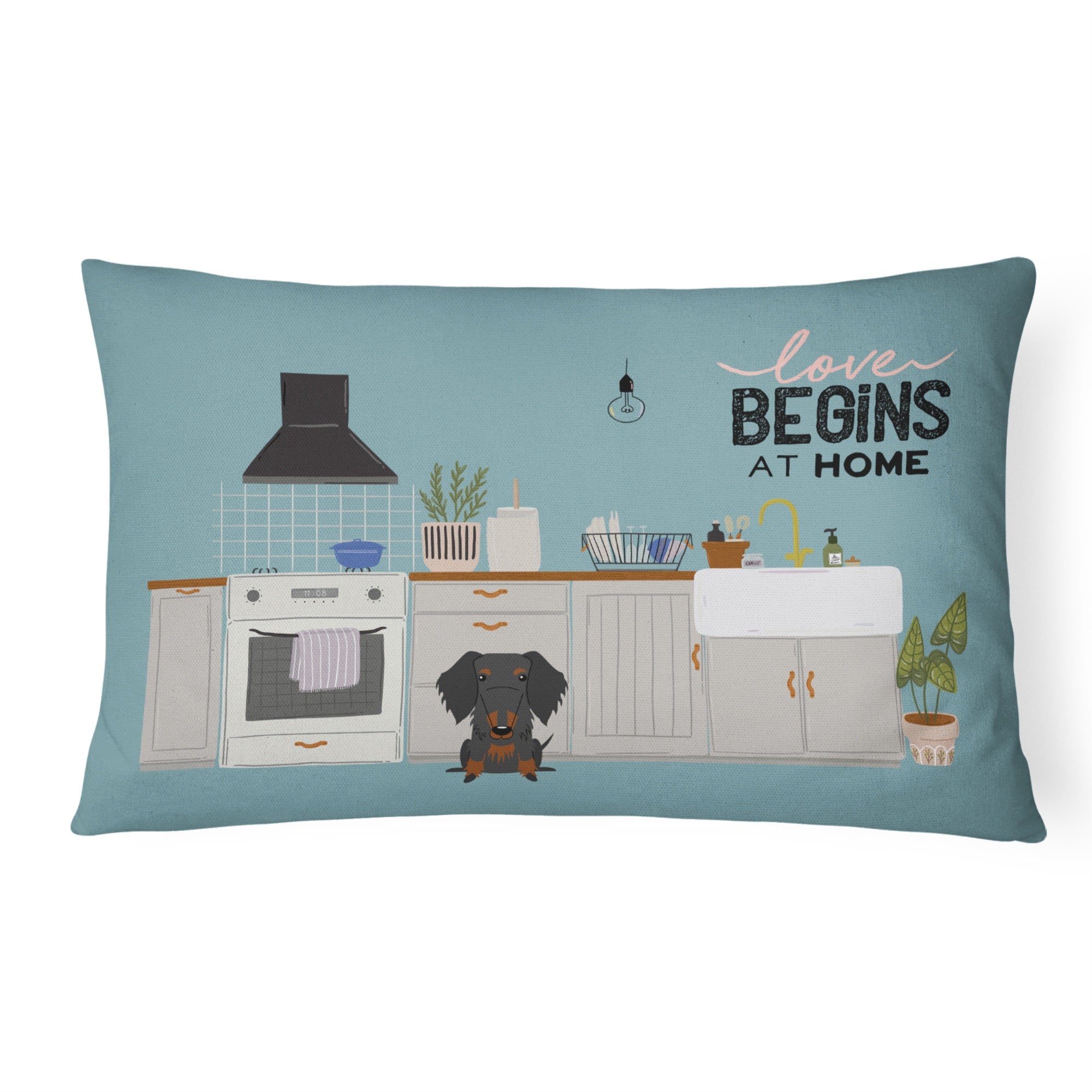 Black Tan Wire Haired Dachshund Kitchen Scene Canvas Fabric Decorative Pillow