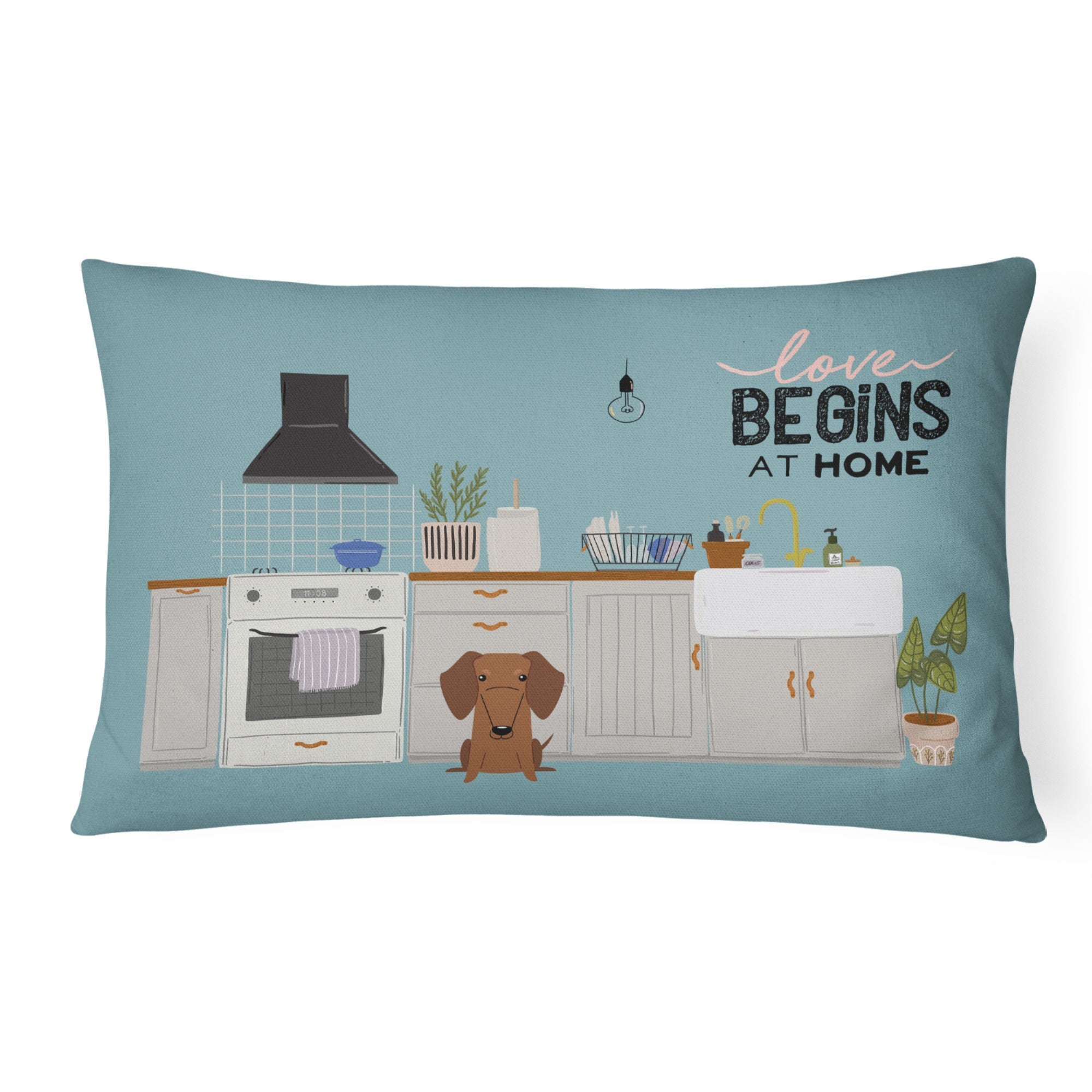 Red Brown Dachshund Kitchen Scene Canvas Fabric Decorative Pillow