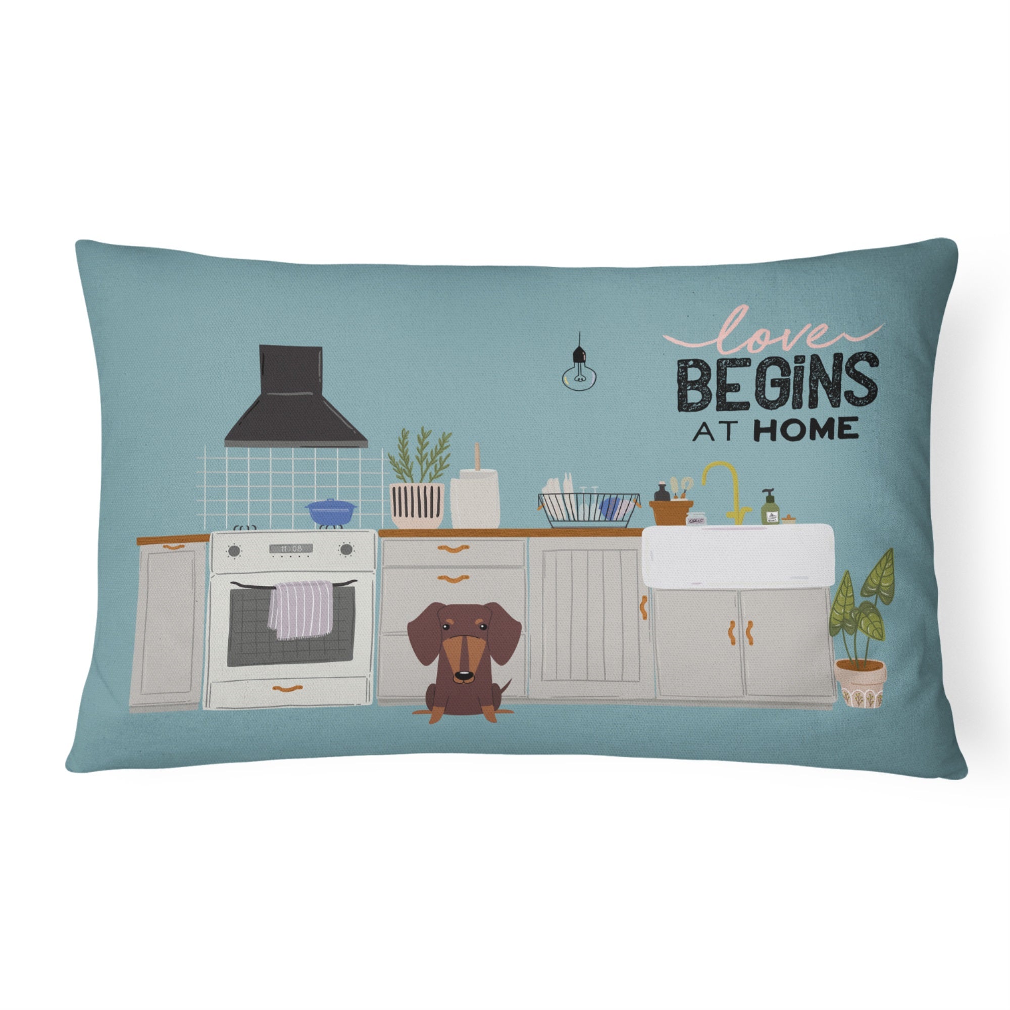 Chocolate Dachshund Kitchen Scene Canvas Fabric Decorative Pillow