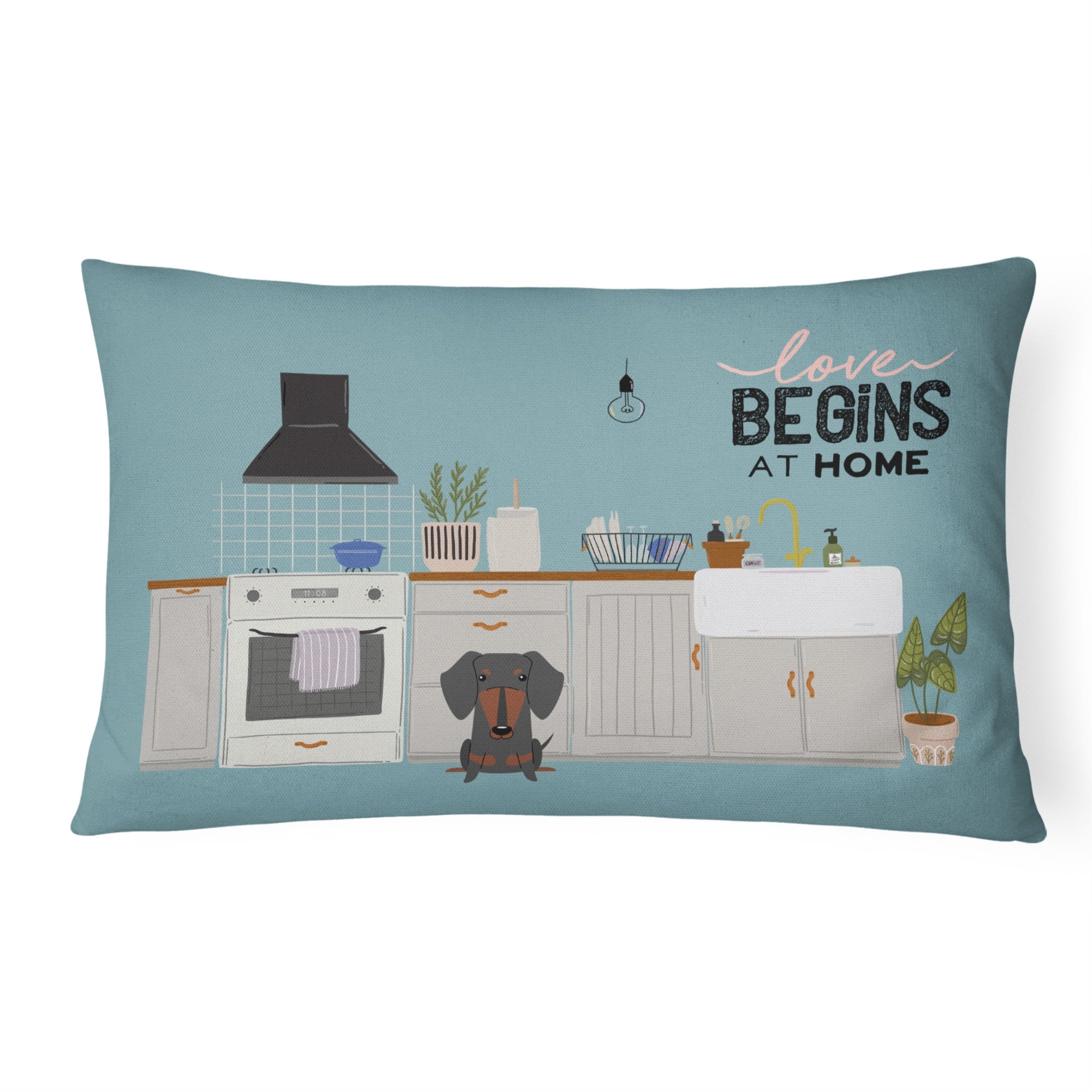 Black Tan Dachshund Kitchen Scene Canvas Fabric Decorative Pillow