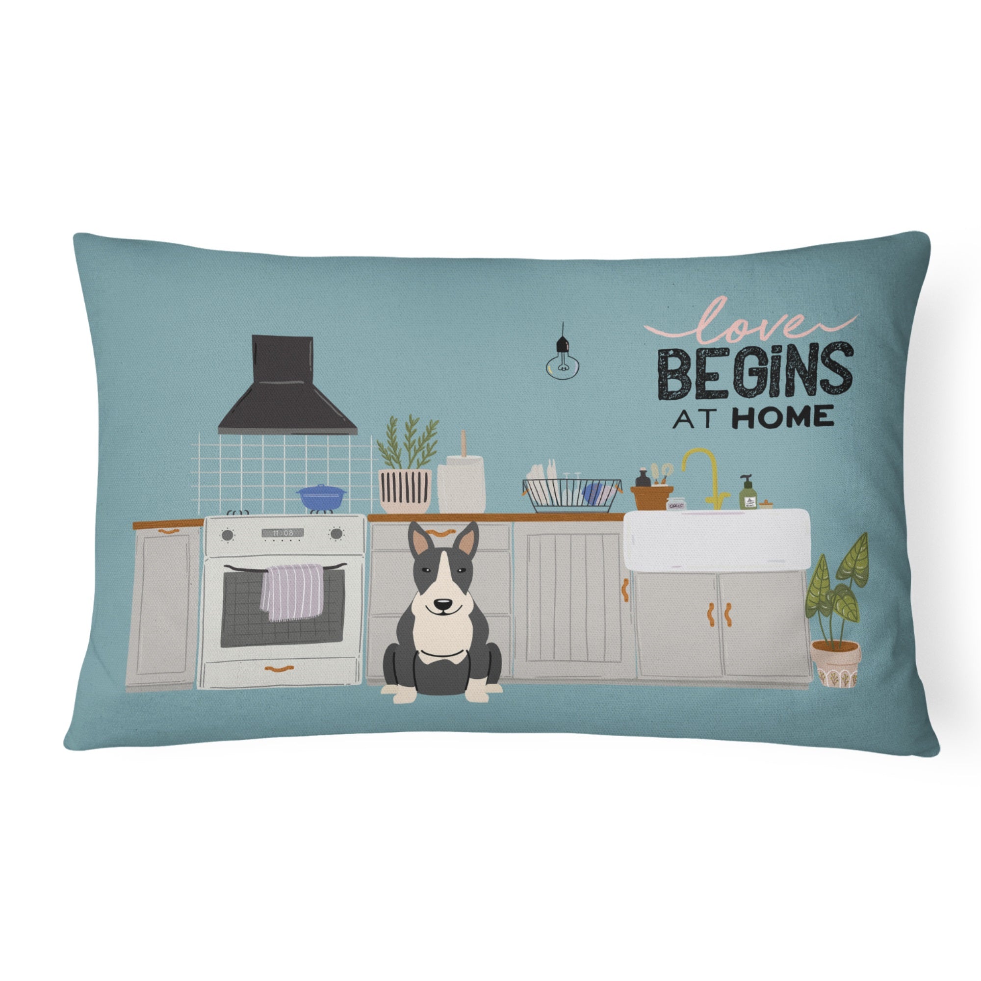 Black White Bull Terrier Kitchen Scene Canvas Fabric Decorative Pillow
