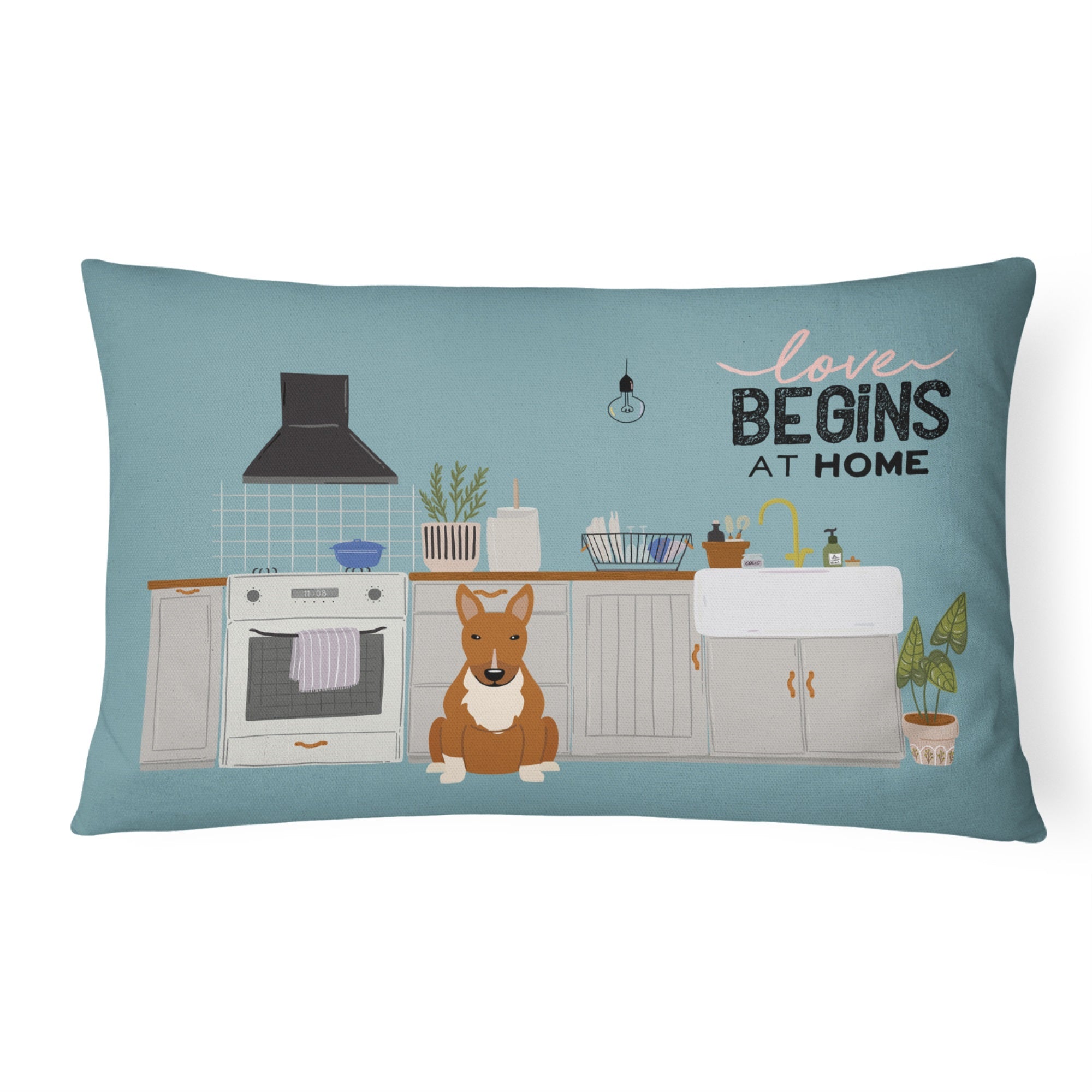 Red Bull Terrier Kitchen Scene Canvas Fabric Decorative Pillow