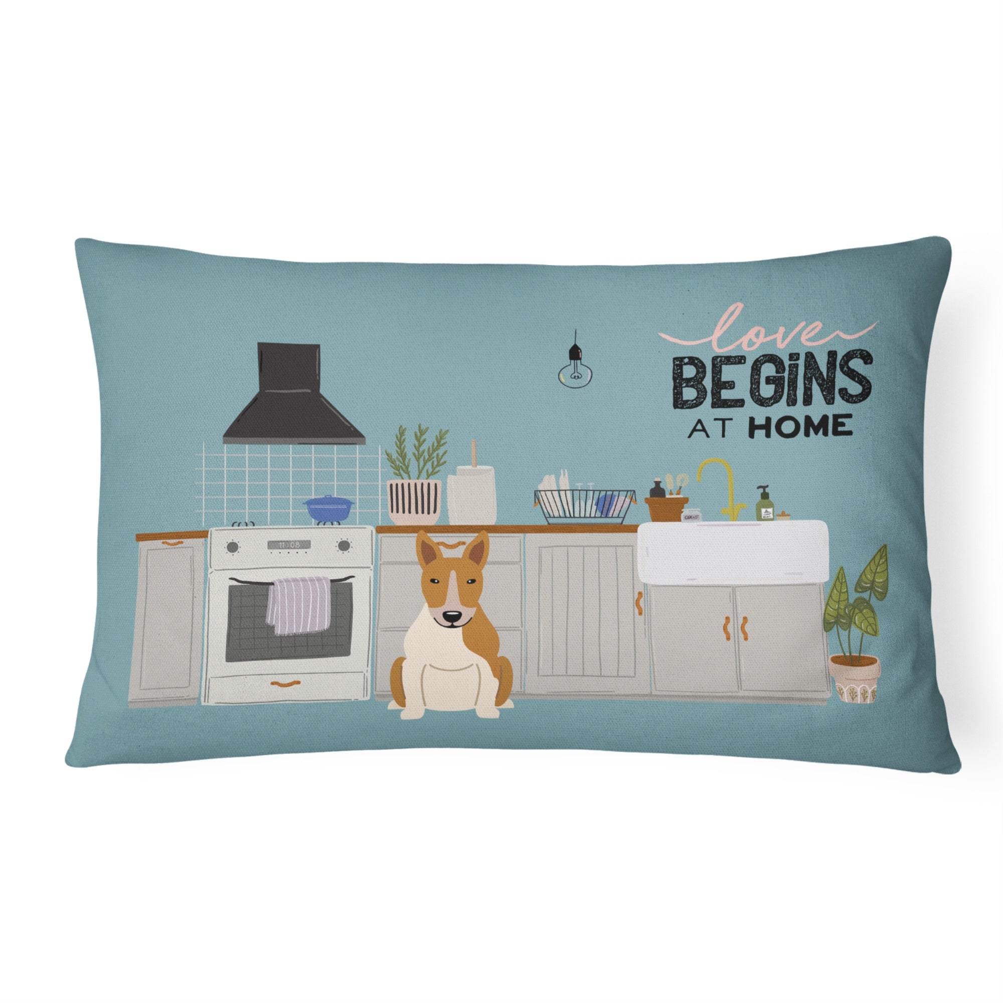 Red White Bull Terrier Kitchen Scene Canvas Fabric Decorative Pillow