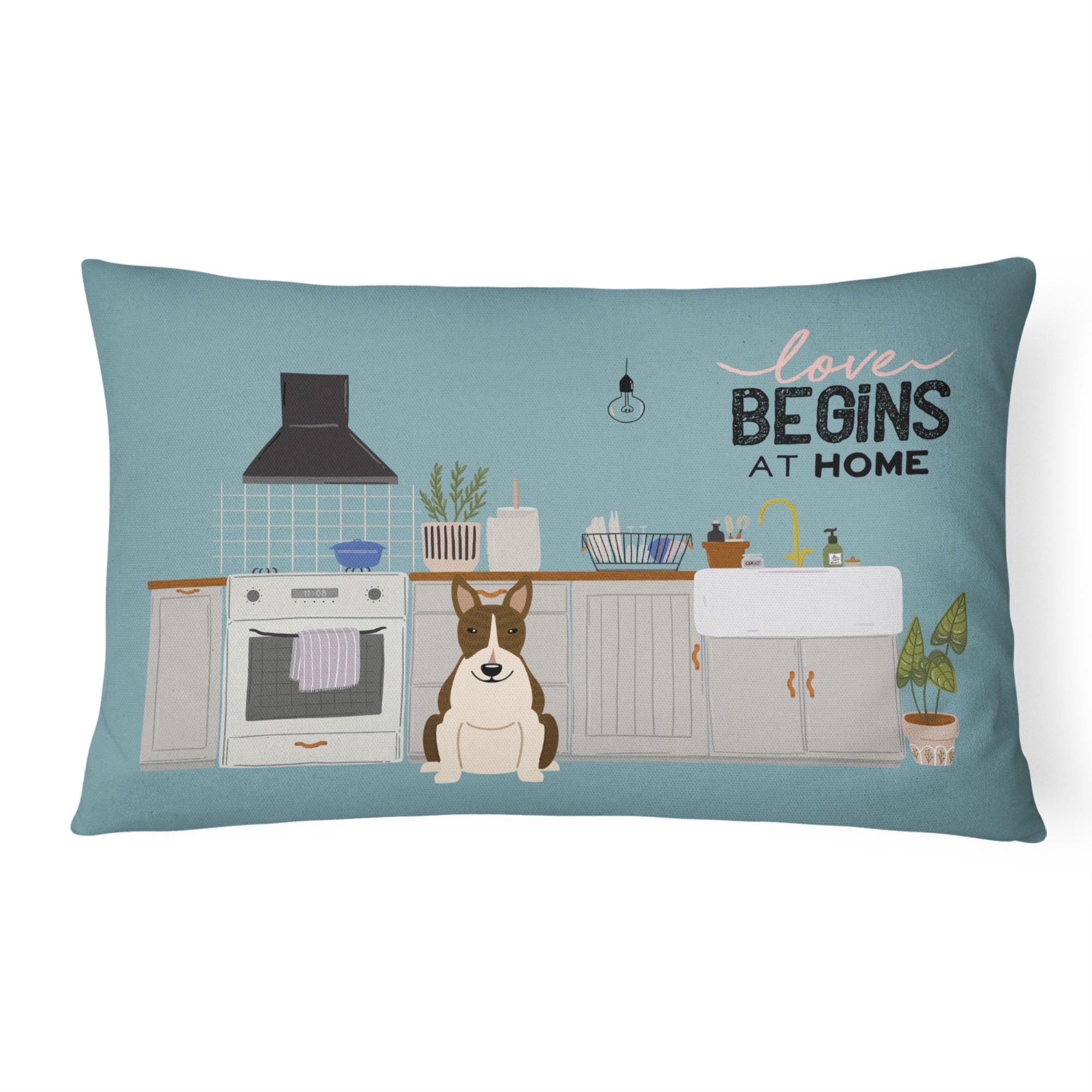 Dark Brindle Bull Terrier Kitchen Scene Canvas Fabric Decorative Pillow