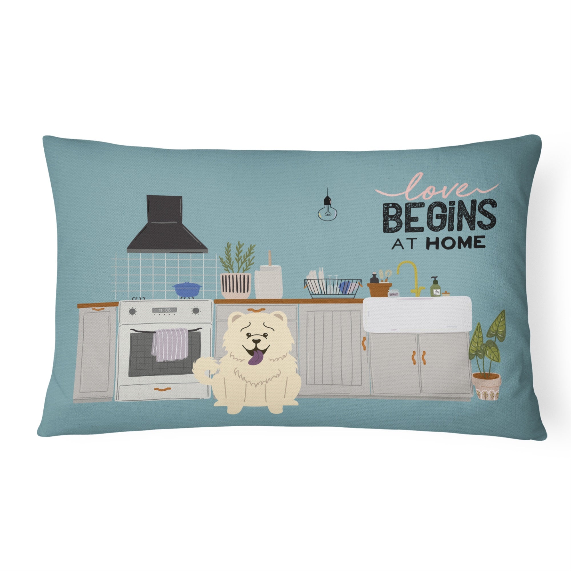 White Chow Chow Kitchen Scene Canvas Fabric Decorative Pillow