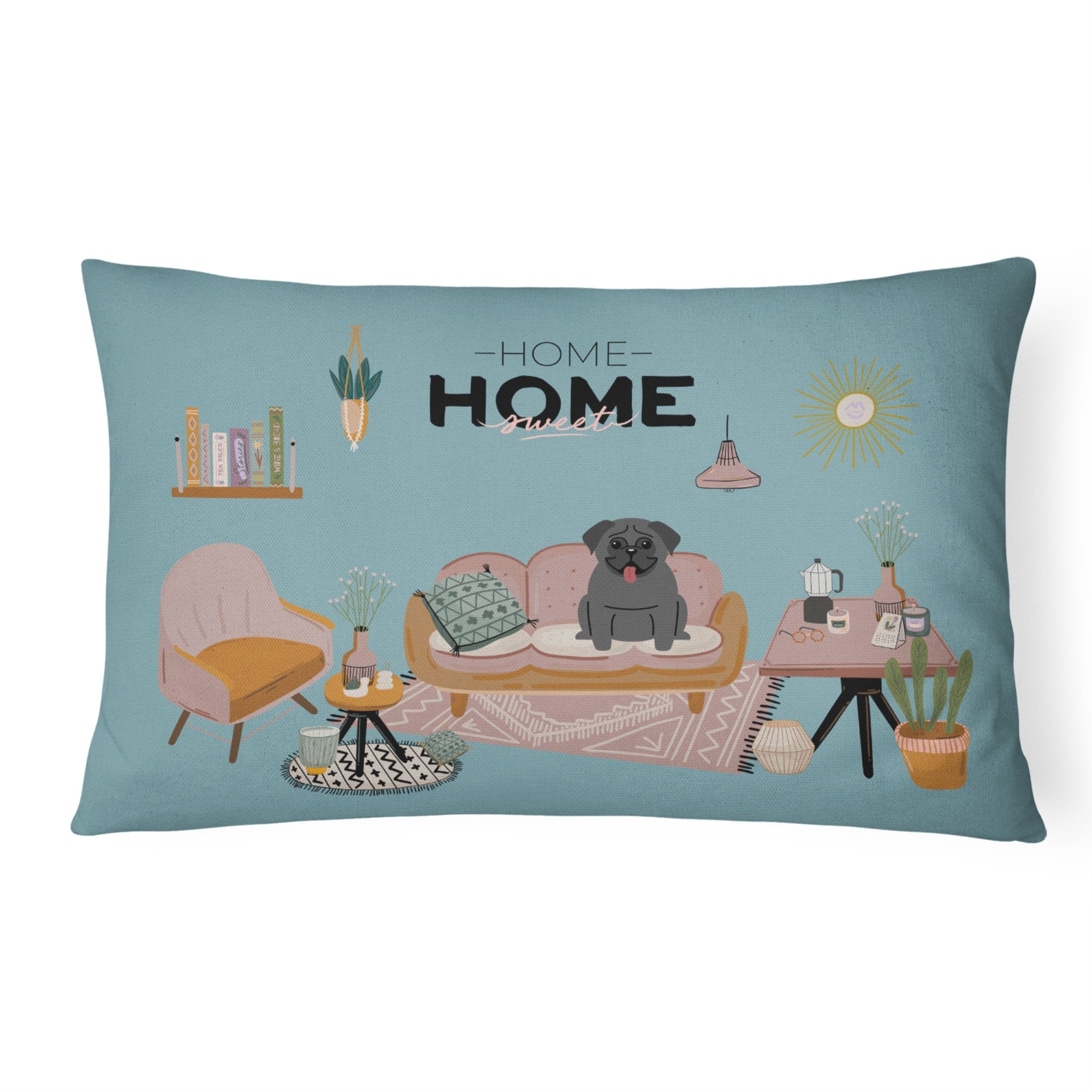 Black Pug Sweet Home Canvas Fabric Decorative Pillow