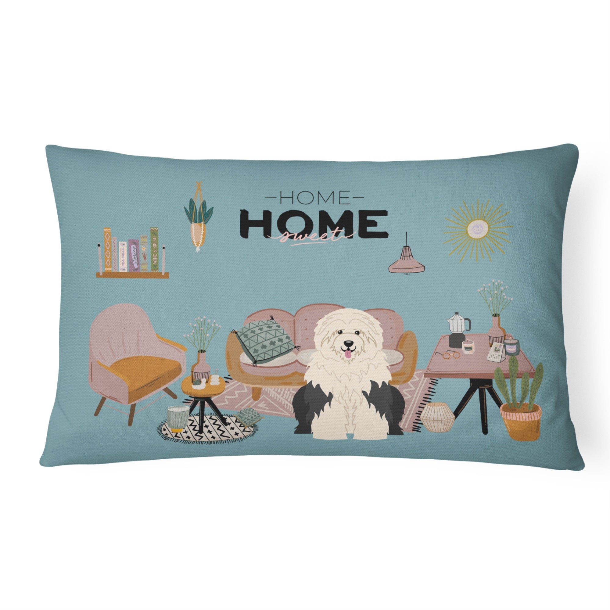 Old English Sheepdog Sweet Home Canvas Fabric Decorative Pillow