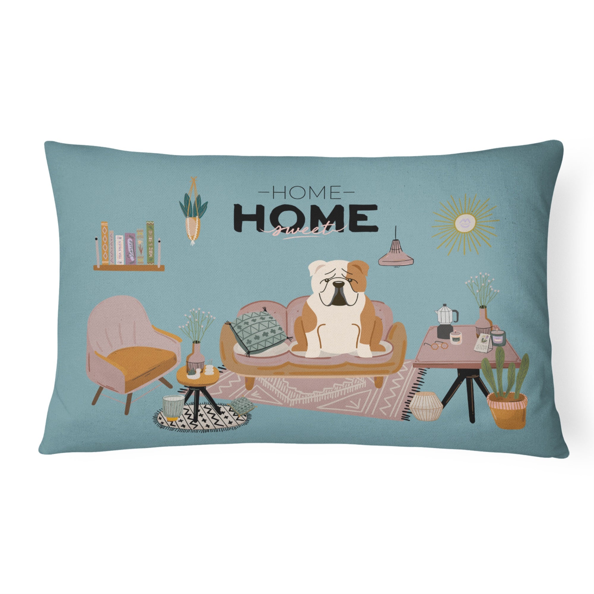 Fawn White English Bulldog Sweet Home Canvas Fabric Decorative Pillow