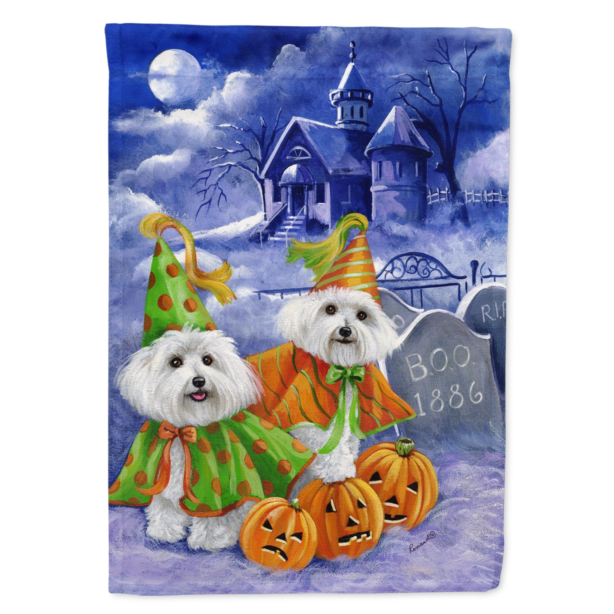 Bichon Frise Halloween Haunted House Flag Garden Size