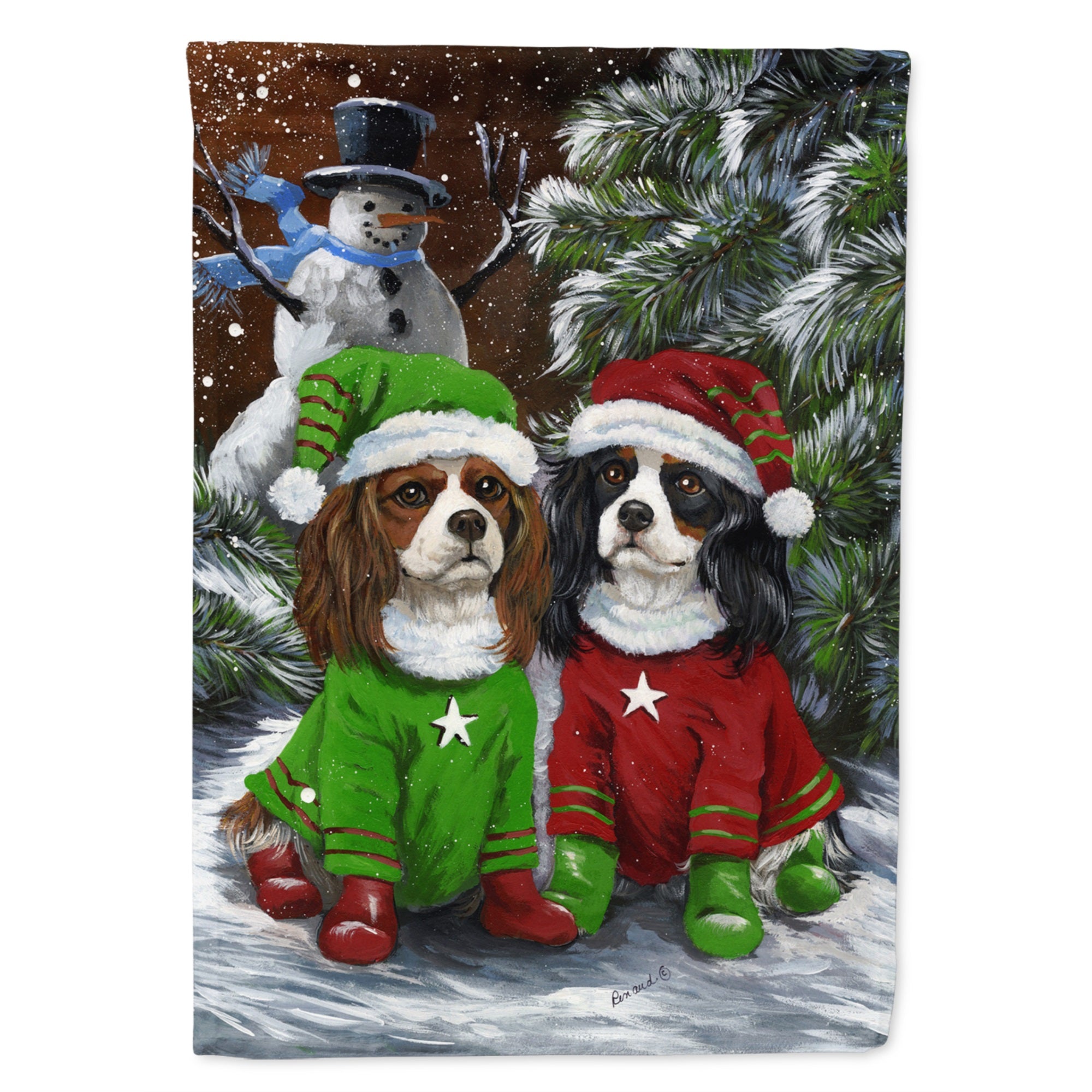 Cavalier Spaniel Snowman Christmas Flag Garden Size