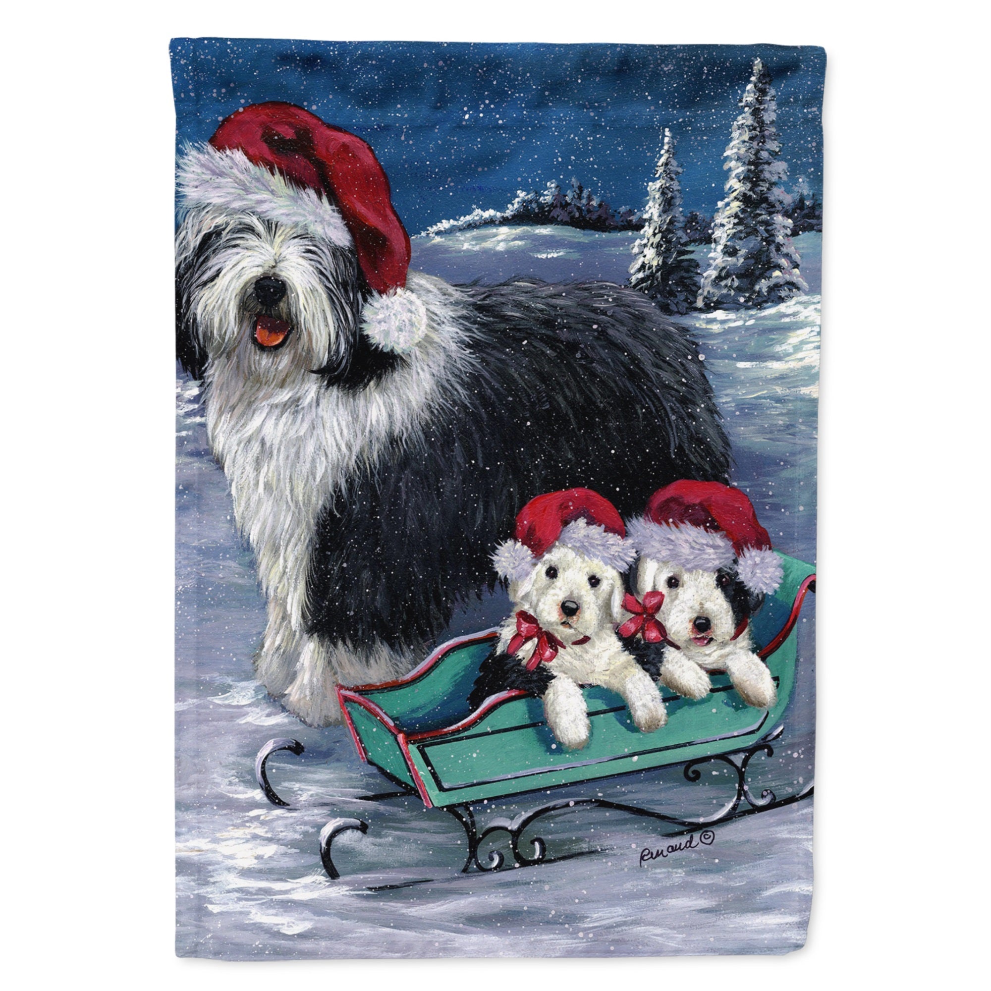 Old English Sheepdog Christmas Snow Flag Garden Size
