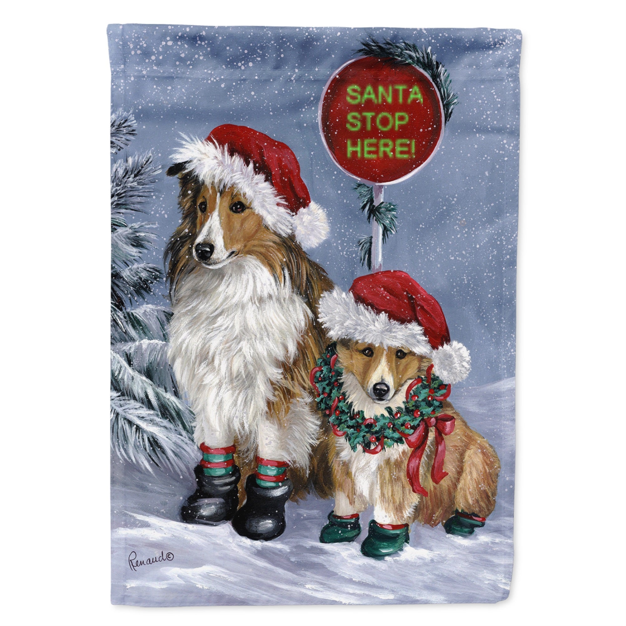 Sheltie Christmas Santa Stop Flag Garden Size