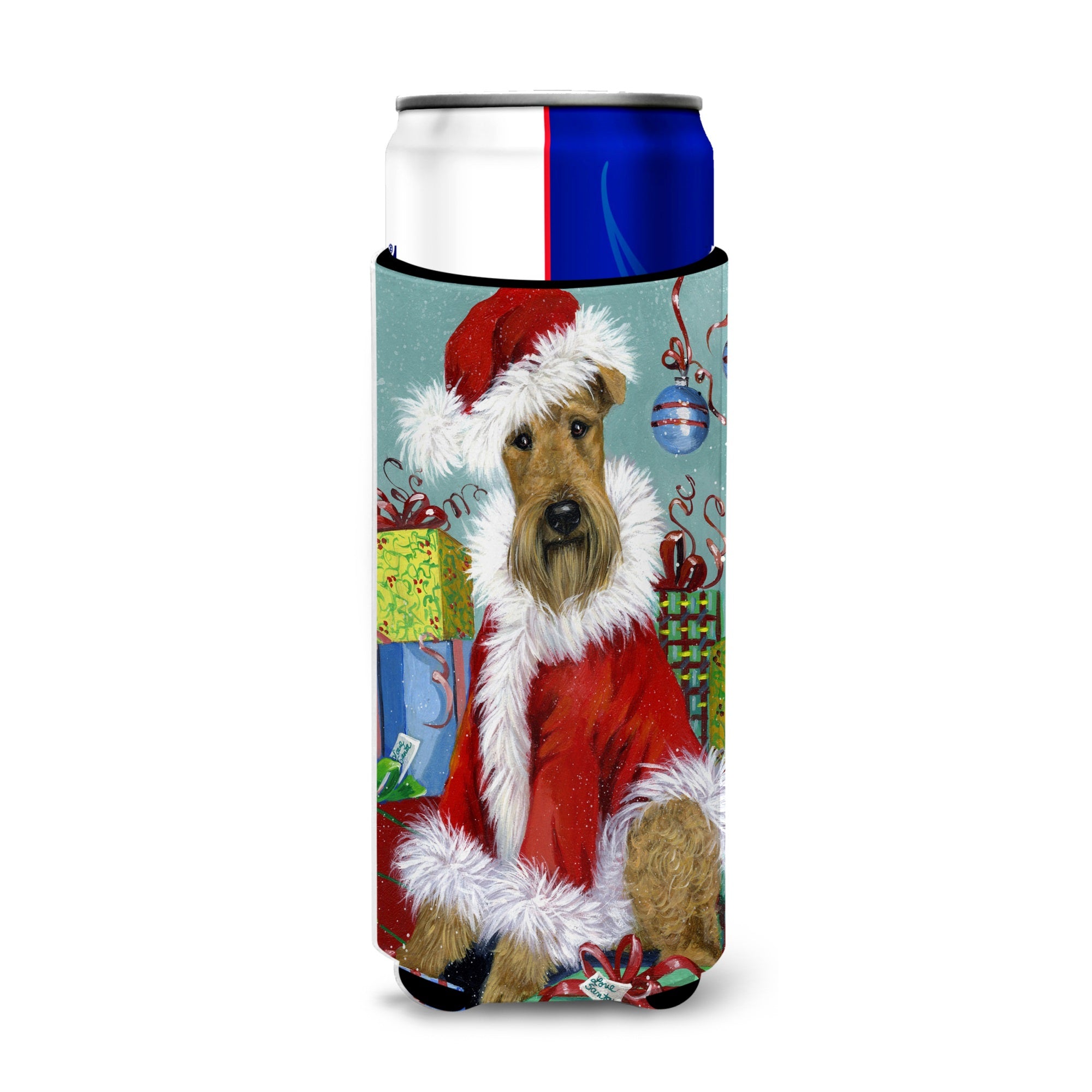 Airedale Santa Christmas Ultra Hugger For Slim Cans